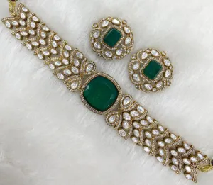 Moisaanite Doublet Natural Stone Designer Chokar Set with Earrings