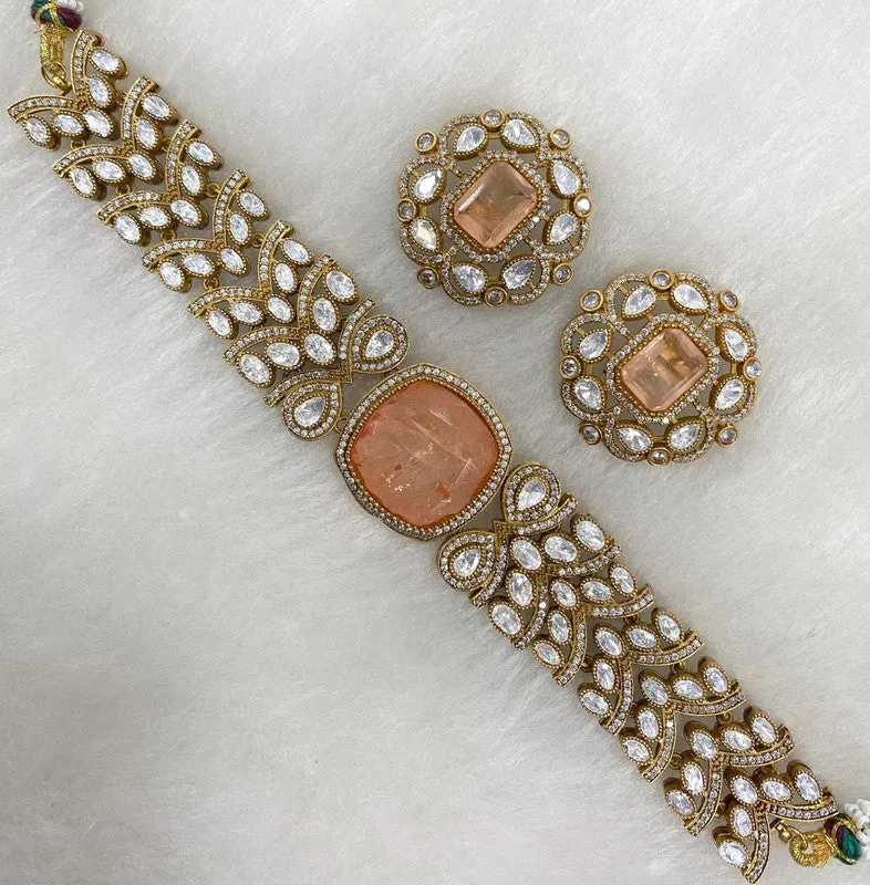 Moisaanite Doublet Natural Stone Designer Chokar Set with Earrings