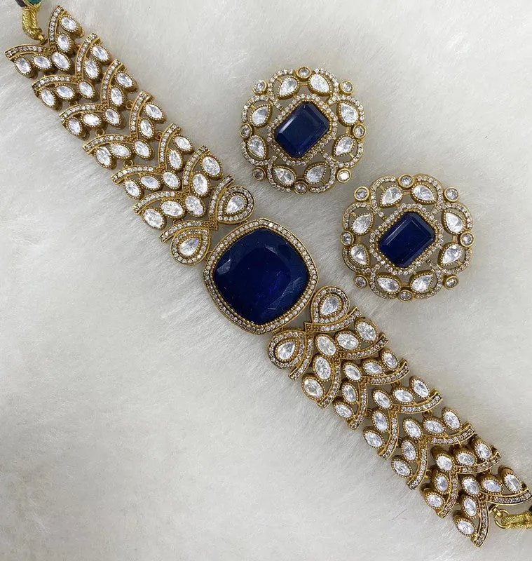 Moisaanite Doublet Natural Stone Designer Chokar Set with Earrings