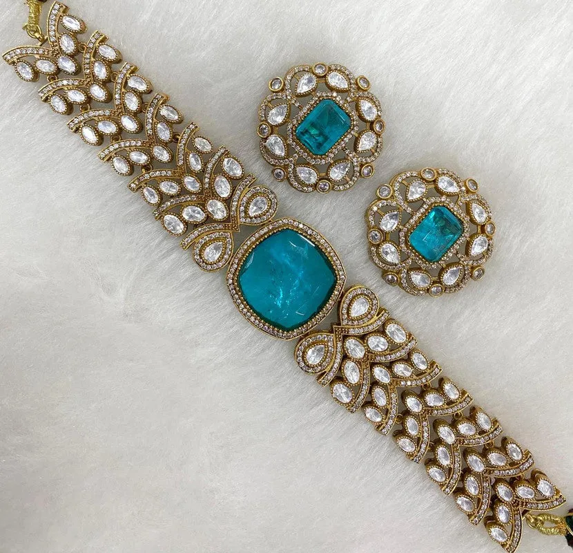 Moisaanite Doublet Natural Stone Designer Chokar Set with Earrings