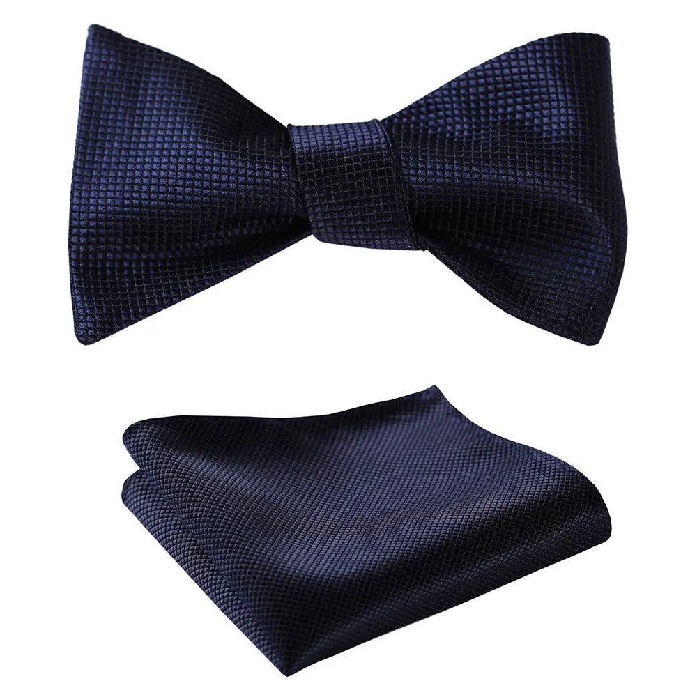 Navy Blue Check Mens Silk Self tie Bow Tie with Pocket Squares Set