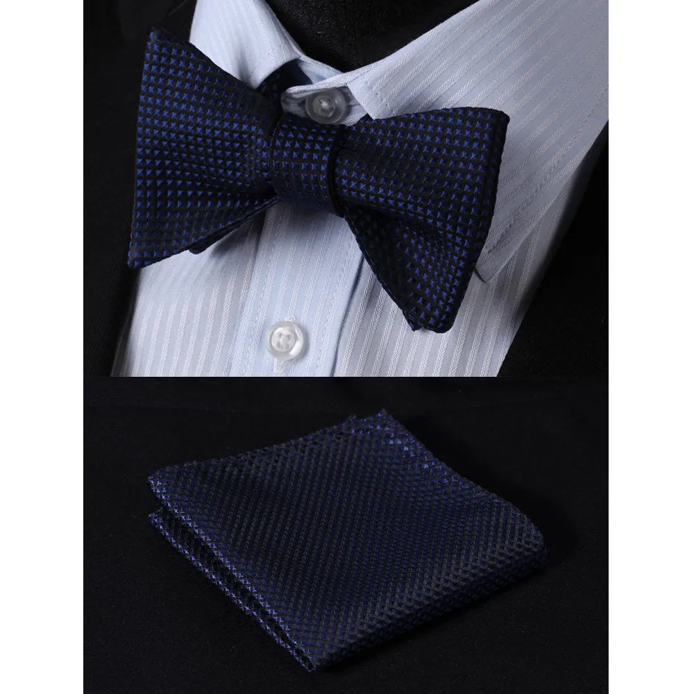 Navy Blue Check Mens Silk Self tie Bow Tie with Pocket Squares Set