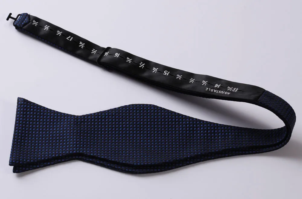 Navy Blue Check Mens Silk Self tie Bow Tie with Pocket Squares Set