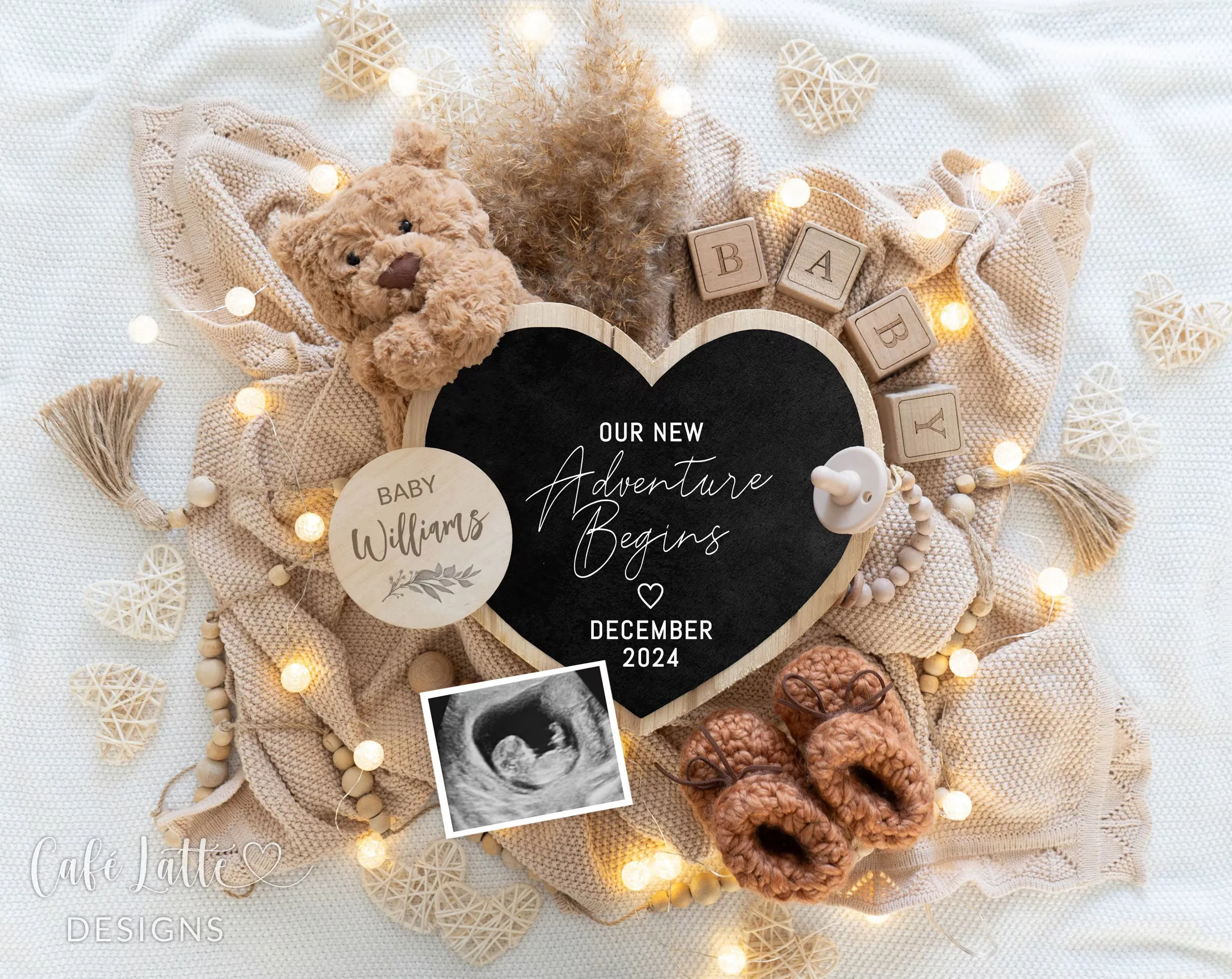 Neutral Pregnancy Announcement Digital - Teddy Bear & Heart