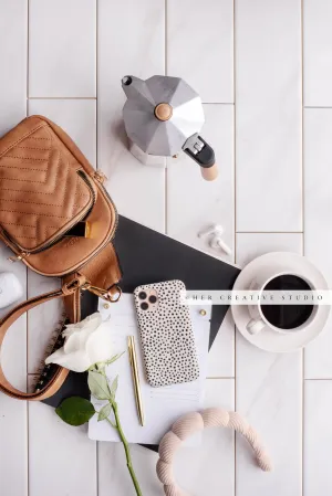 Neutral Workspace on Tile Background, Stock Photo.