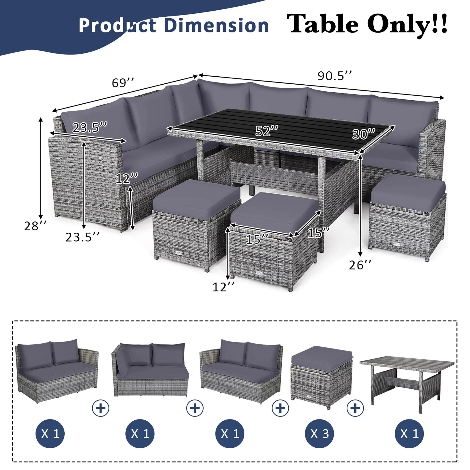 New Costway Patio low Profile Rattan Dining Table! light Grey, dark top! Table is higher than coffee table and lower than your standard dining table, great for sectionals & conversation sets!