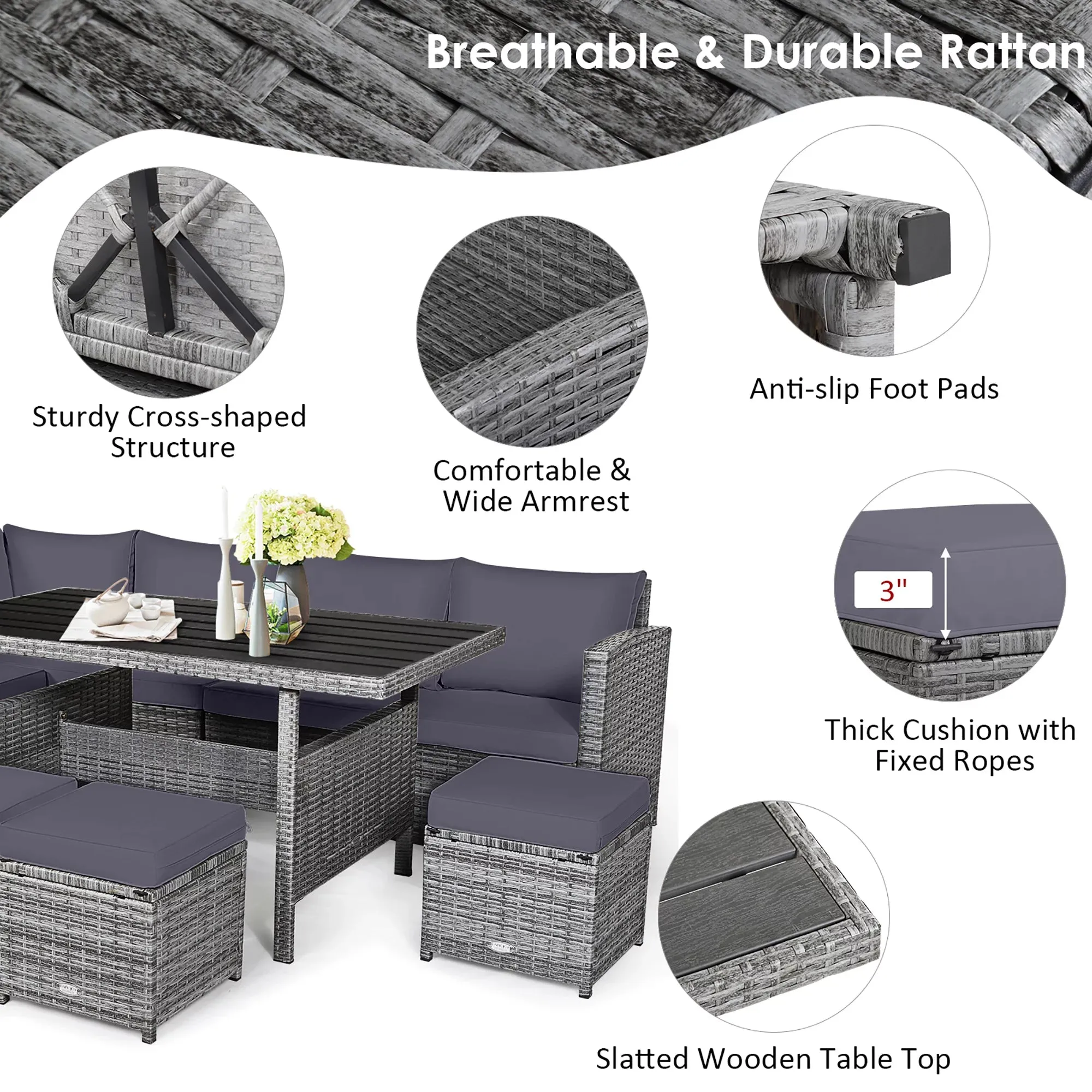 New Costway Patio low Profile Rattan Dining Table! light Grey, dark top! Table is higher than coffee table and lower than your standard dining table, great for sectionals & conversation sets!