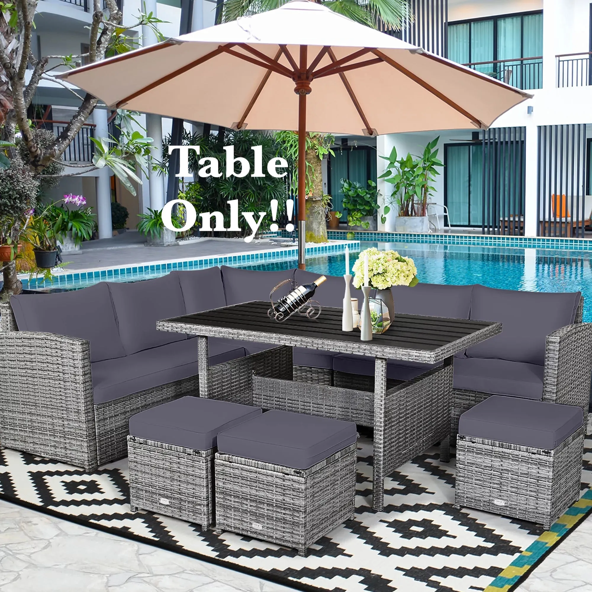 New Costway Patio low Profile Rattan Dining Table! light Grey, dark top! Table is higher than coffee table and lower than your standard dining table, great for sectionals & conversation sets!
