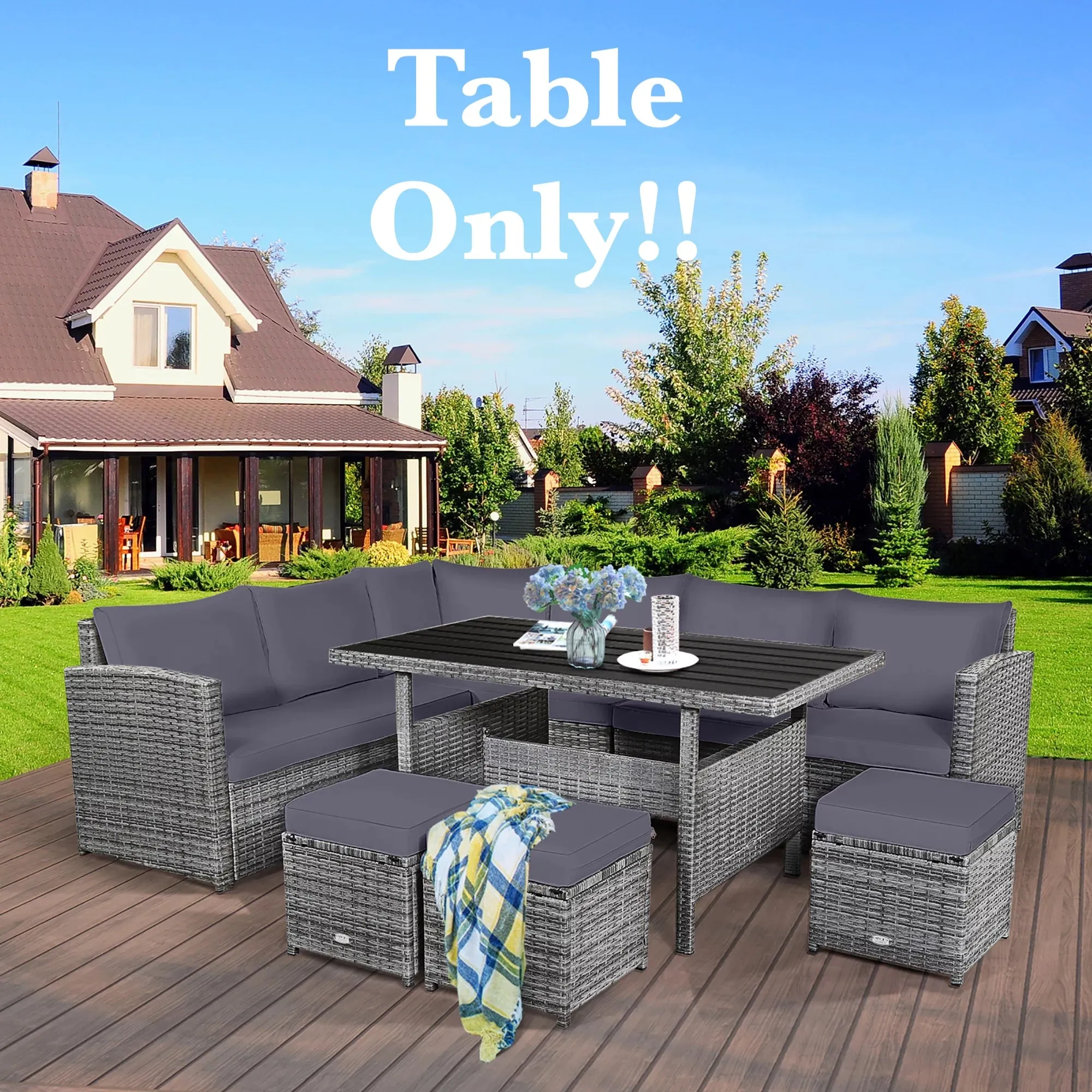 New Costway Patio low Profile Rattan Dining Table! light Grey, dark top! Table is higher than coffee table and lower than your standard dining table, great for sectionals & conversation sets!