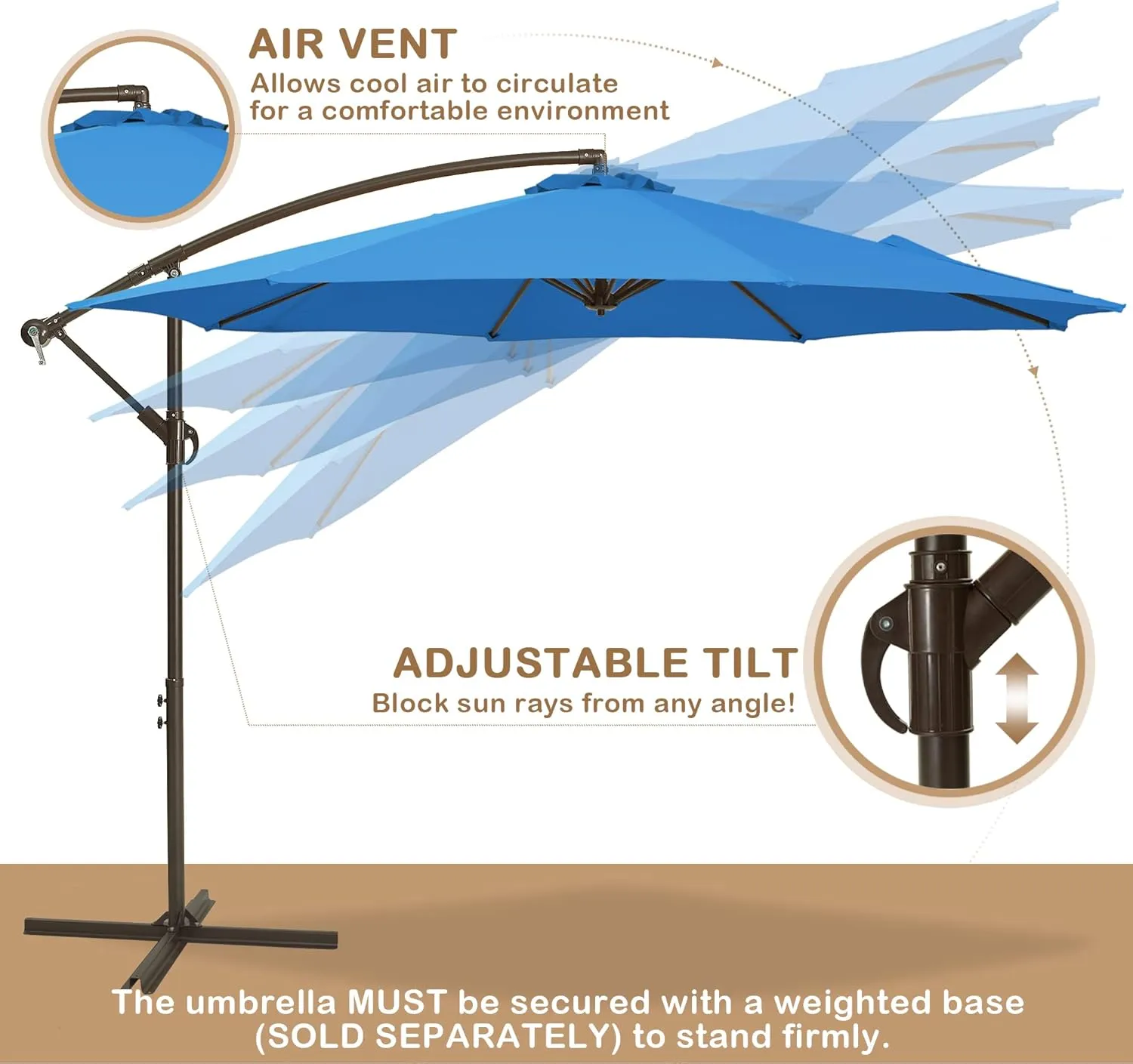 NEW MUCHENGHY 10ft Patio Umbrellas Offset Outdoor Umbrella Cantilever Hanging Umbrellas with Crank & Cross Base 8 Sturdy Ribs for Yard, Garden & Deck (Dark Blue), Retails $199 