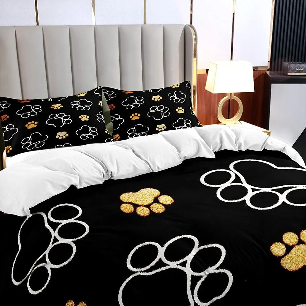 New ZWQKHSM Full/Double Duvet Cover- Black Dog Paw Prints 120gsm Brushed Microfiber Bedding Set 3 Piece, Patterned Comforter Cover 80x90 inches and 2 Pillowcases with Zipper