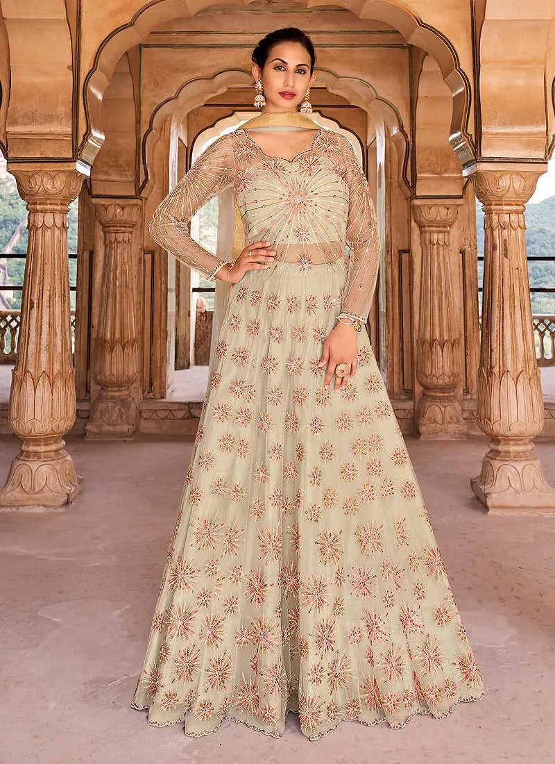 Off White Gold Heavy Embroidered Lehenga Style Anarkali