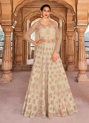 Off White Gold Heavy Embroidered Lehenga Style Anarkali