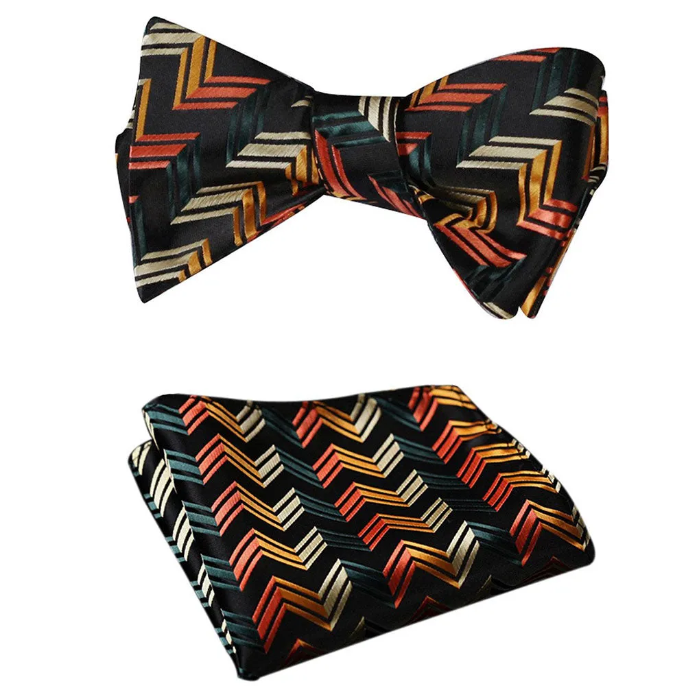 Orange Black Stripe Mens Silk Self tie Bow Tie with Pocket Squares Set