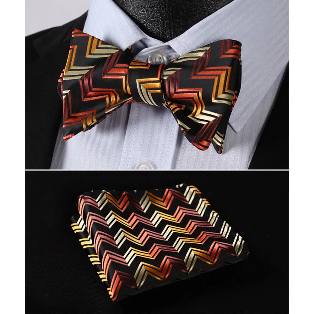 Orange Black Stripe Mens Silk Self tie Bow Tie with Pocket Squares Set