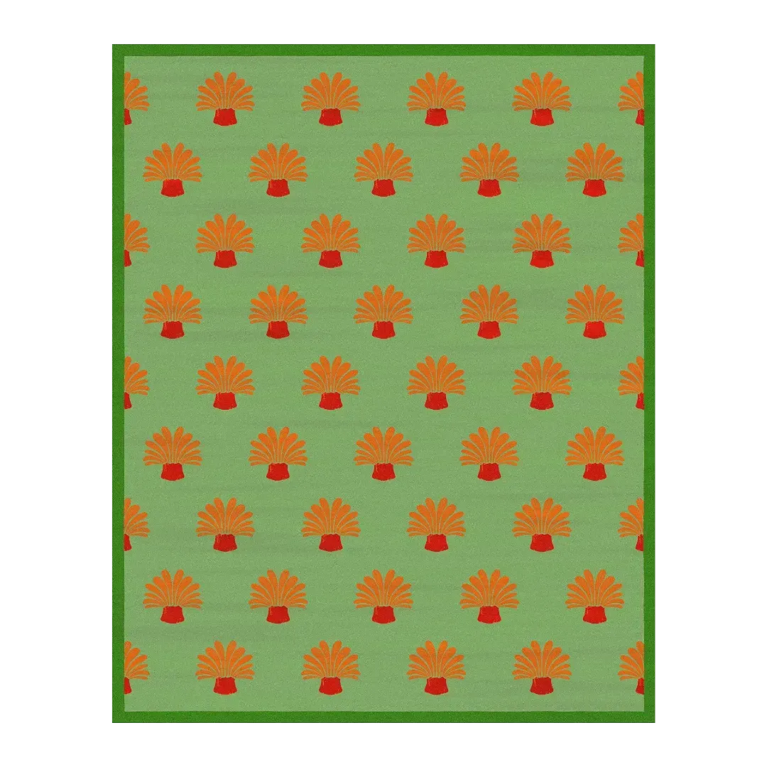 Orange Palm Trees Green Tufted Wool Rug