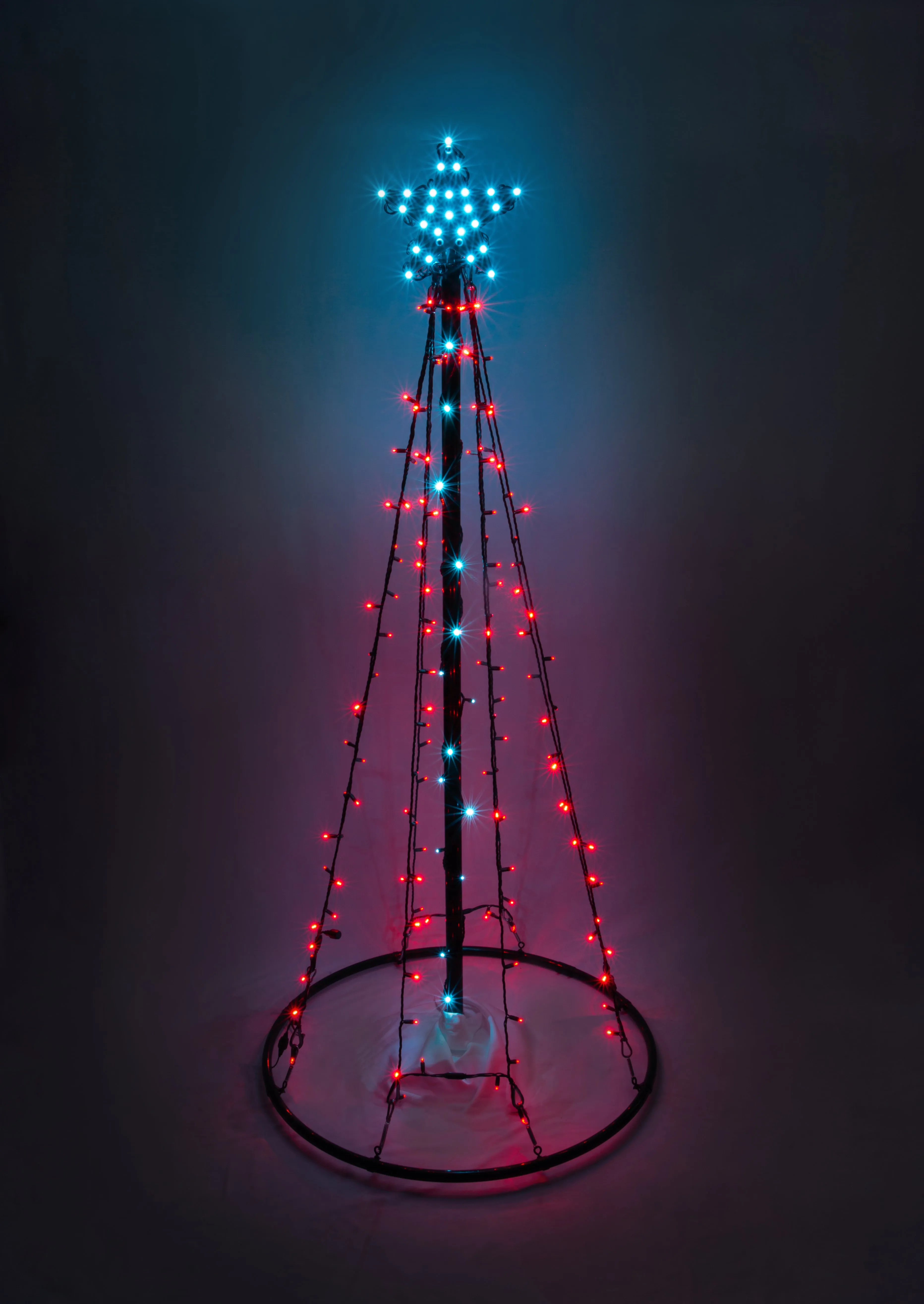 Outdoor LED Lighted Christmas Tree, Green Base, Aqua Blue Tree Lights