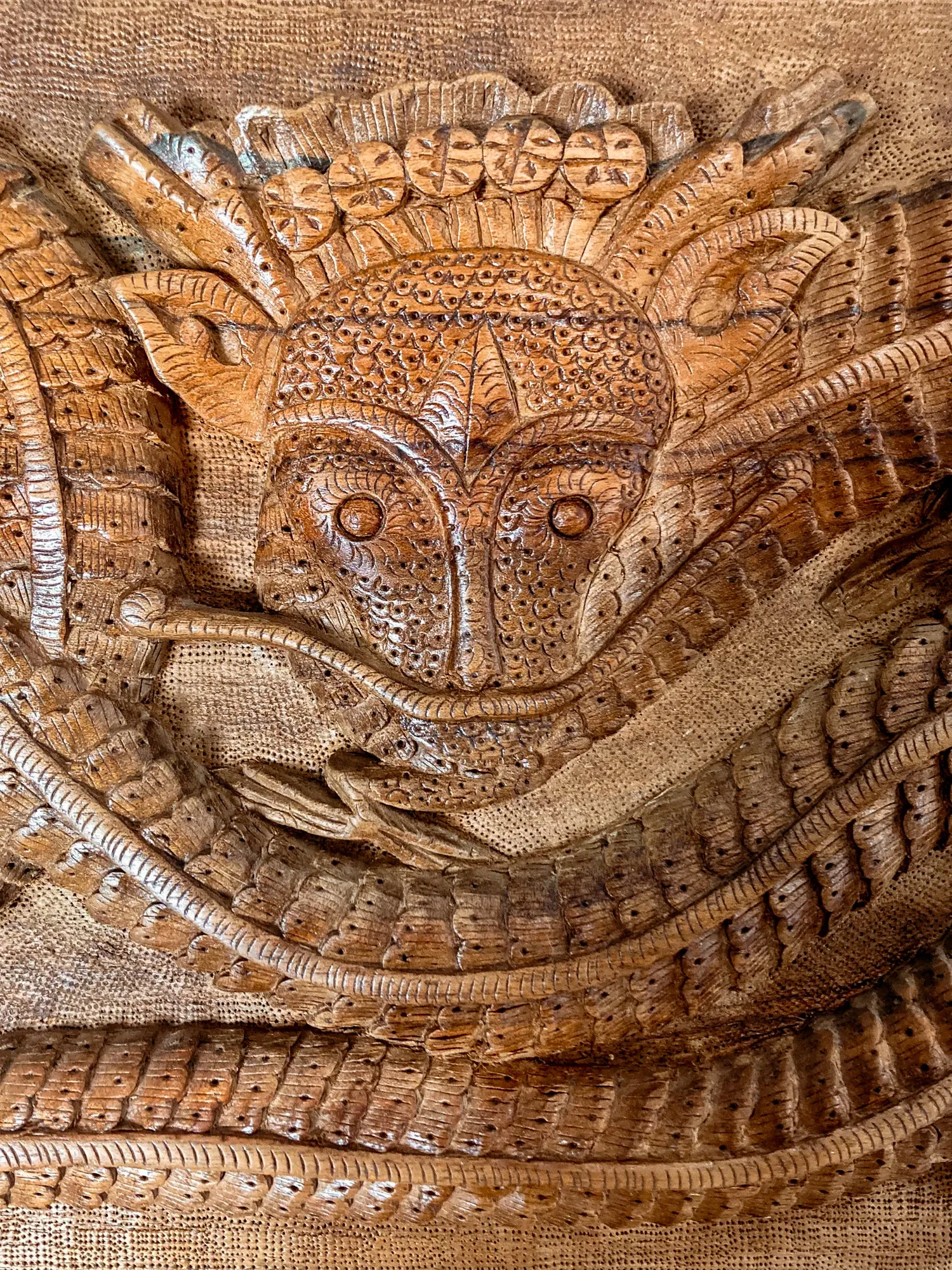 Pair of Intricately Hand Carved Relief Serpent Dragon Teak Wood Plaques