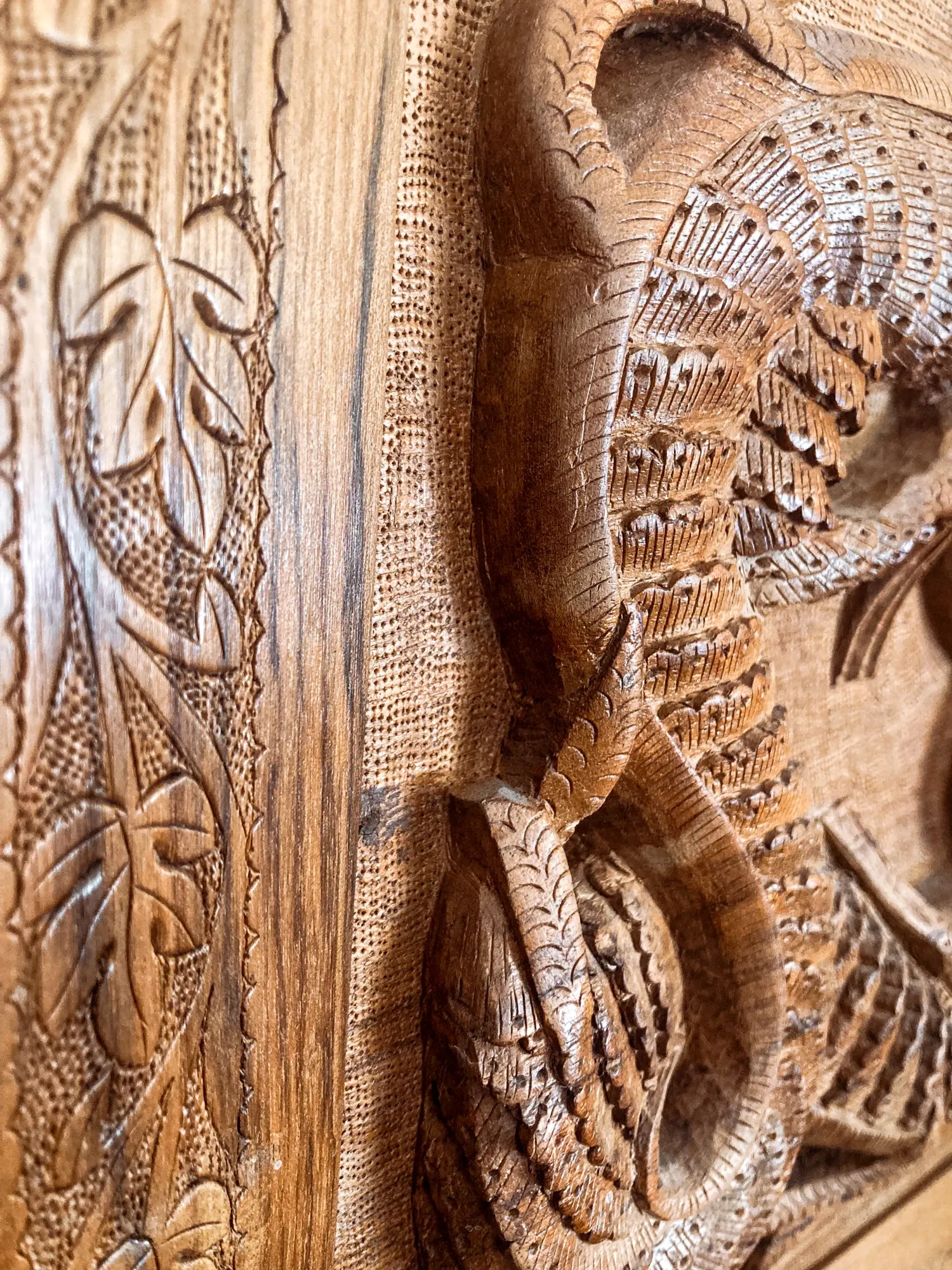 Pair of Intricately Hand Carved Relief Serpent Dragon Teak Wood Plaques