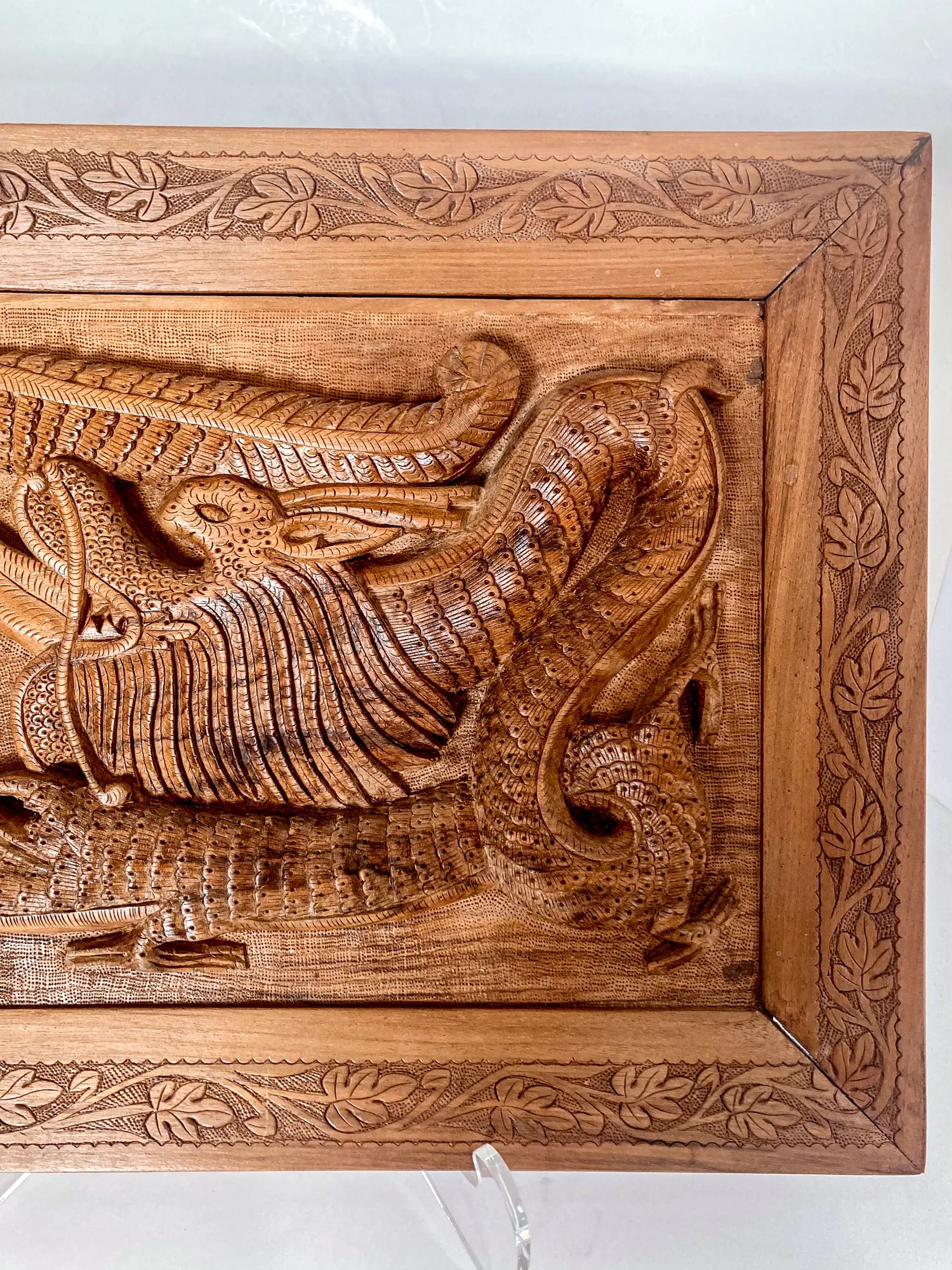 Pair of Intricately Hand Carved Relief Serpent Dragon Teak Wood Plaques