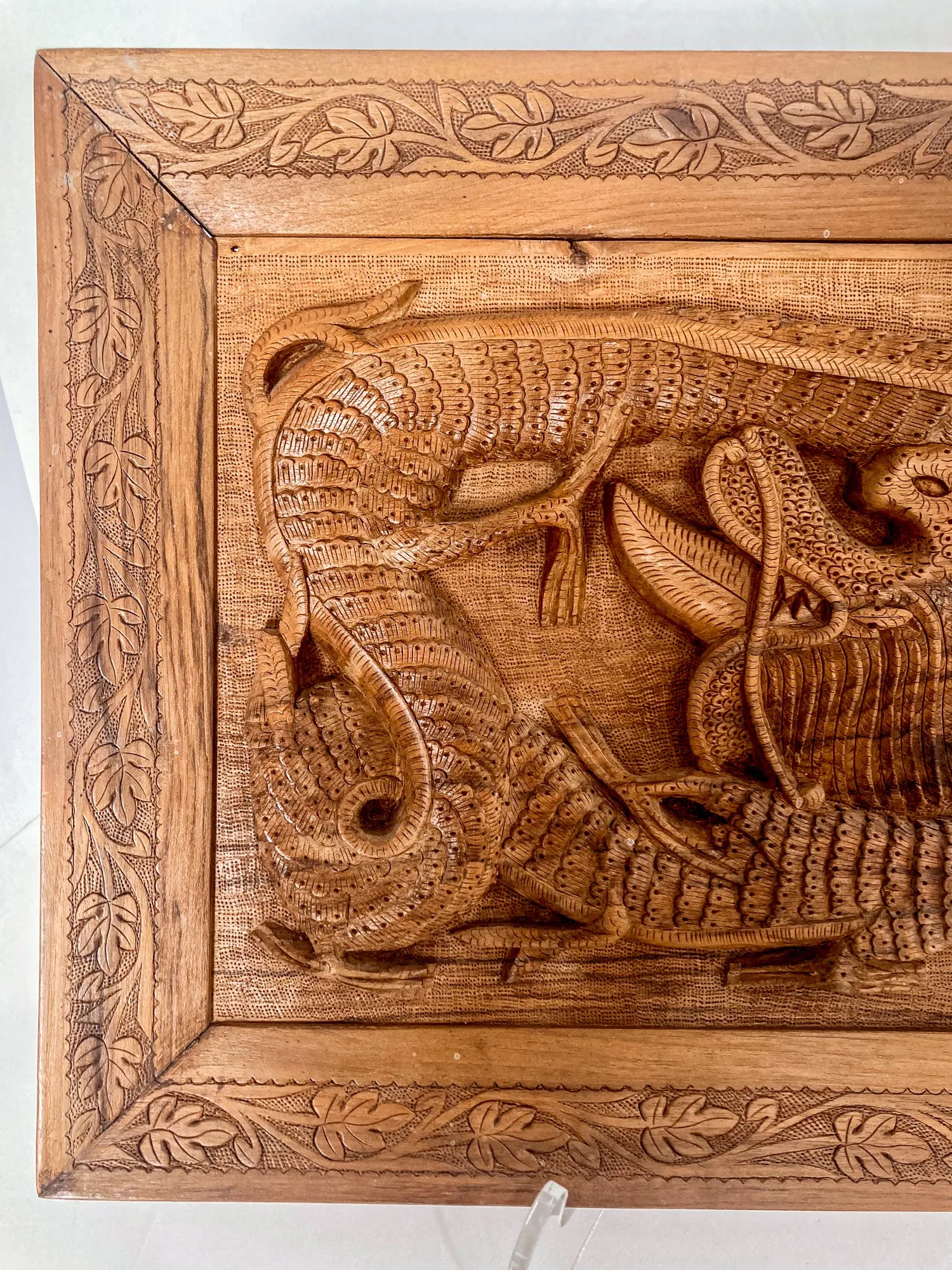 Pair of Intricately Hand Carved Relief Serpent Dragon Teak Wood Plaques