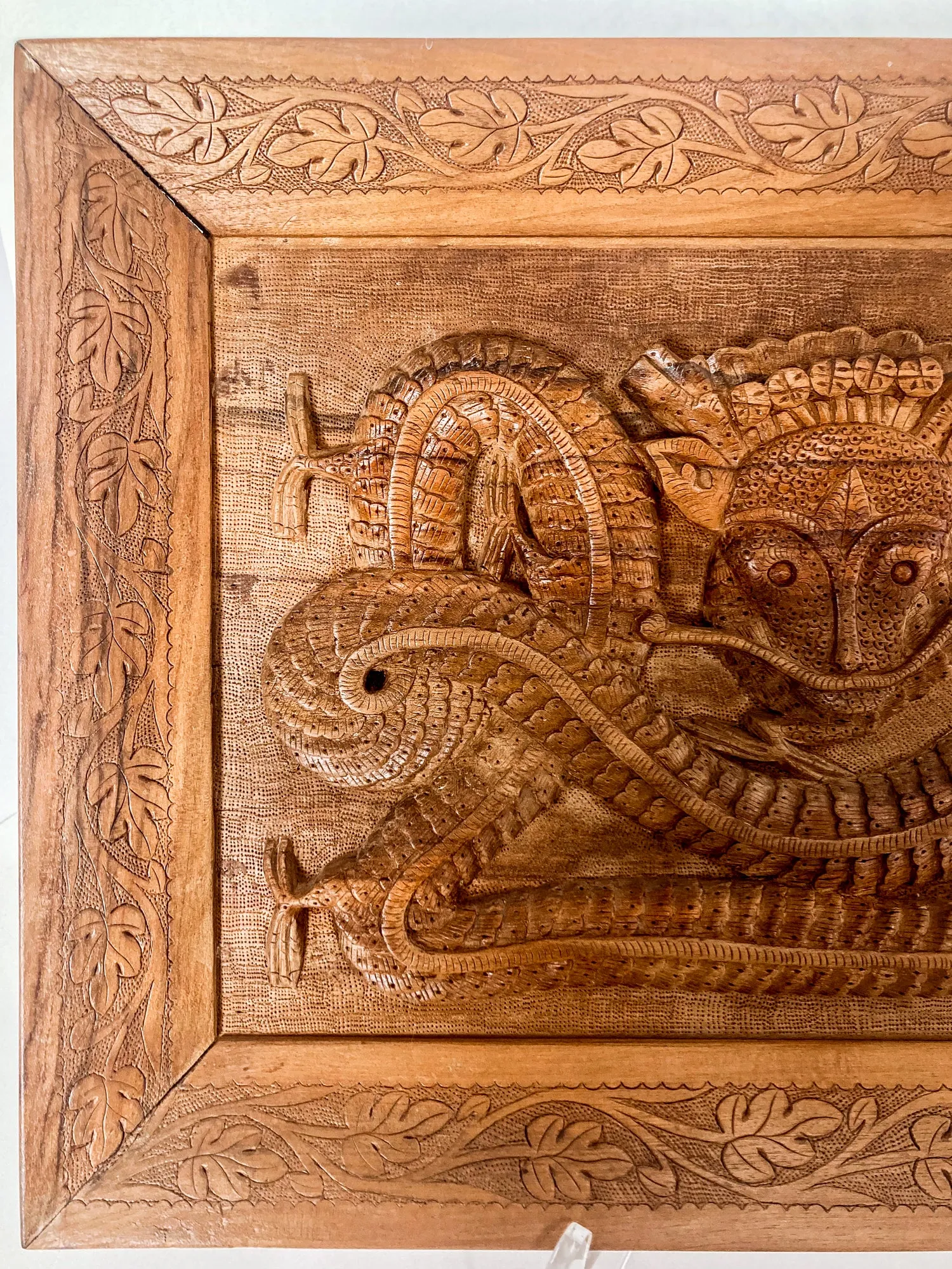 Pair of Intricately Hand Carved Relief Serpent Dragon Teak Wood Plaques
