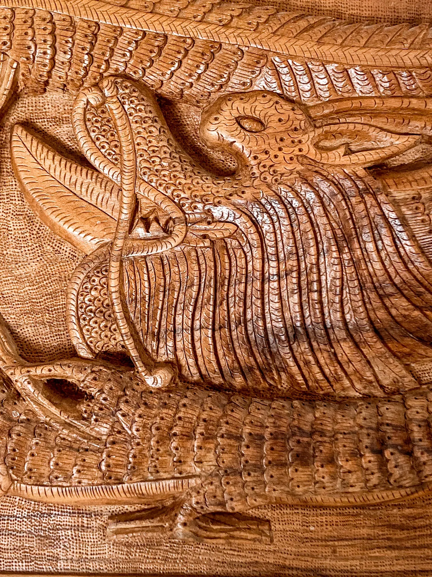 Pair of Intricately Hand Carved Relief Serpent Dragon Teak Wood Plaques