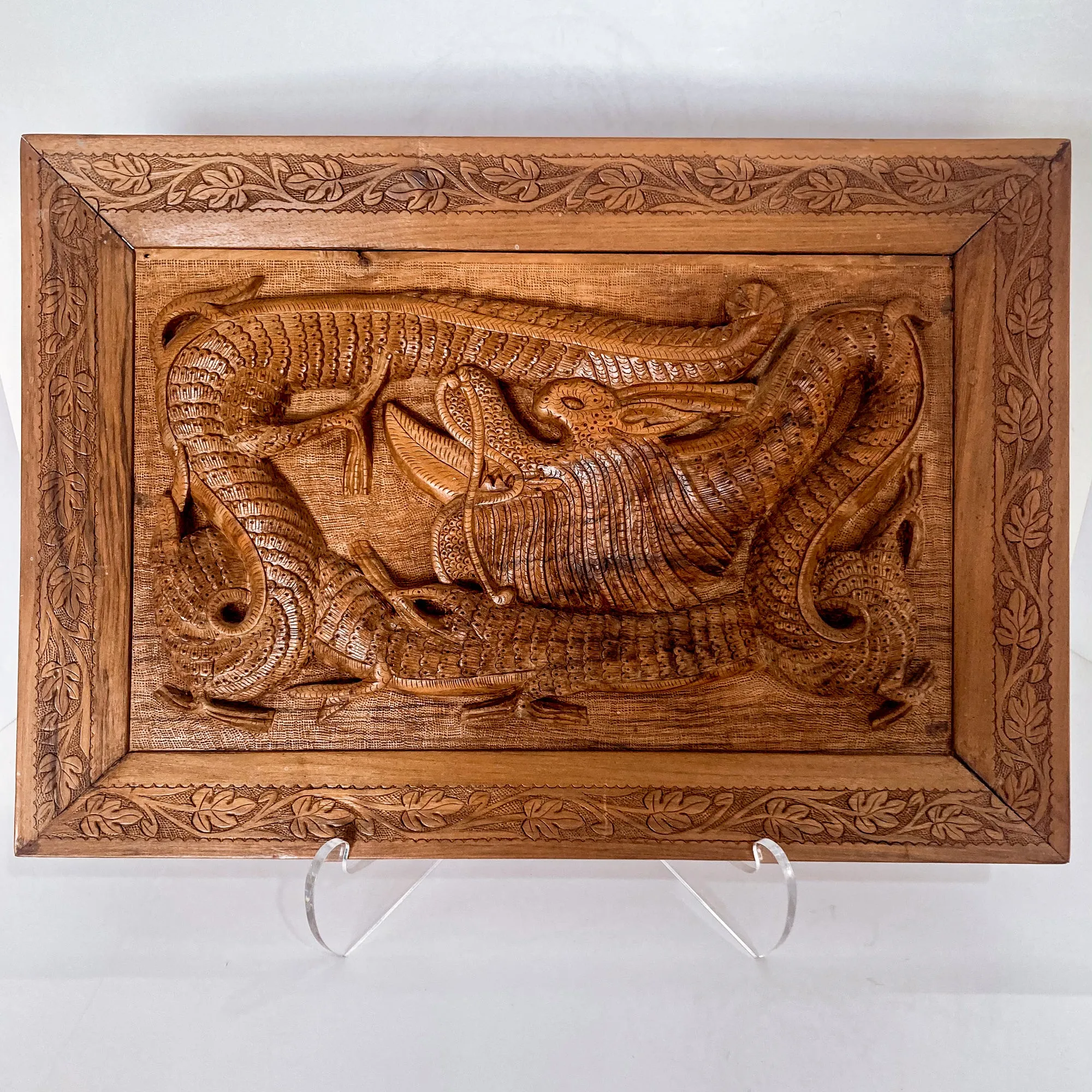 Pair of Intricately Hand Carved Relief Serpent Dragon Teak Wood Plaques