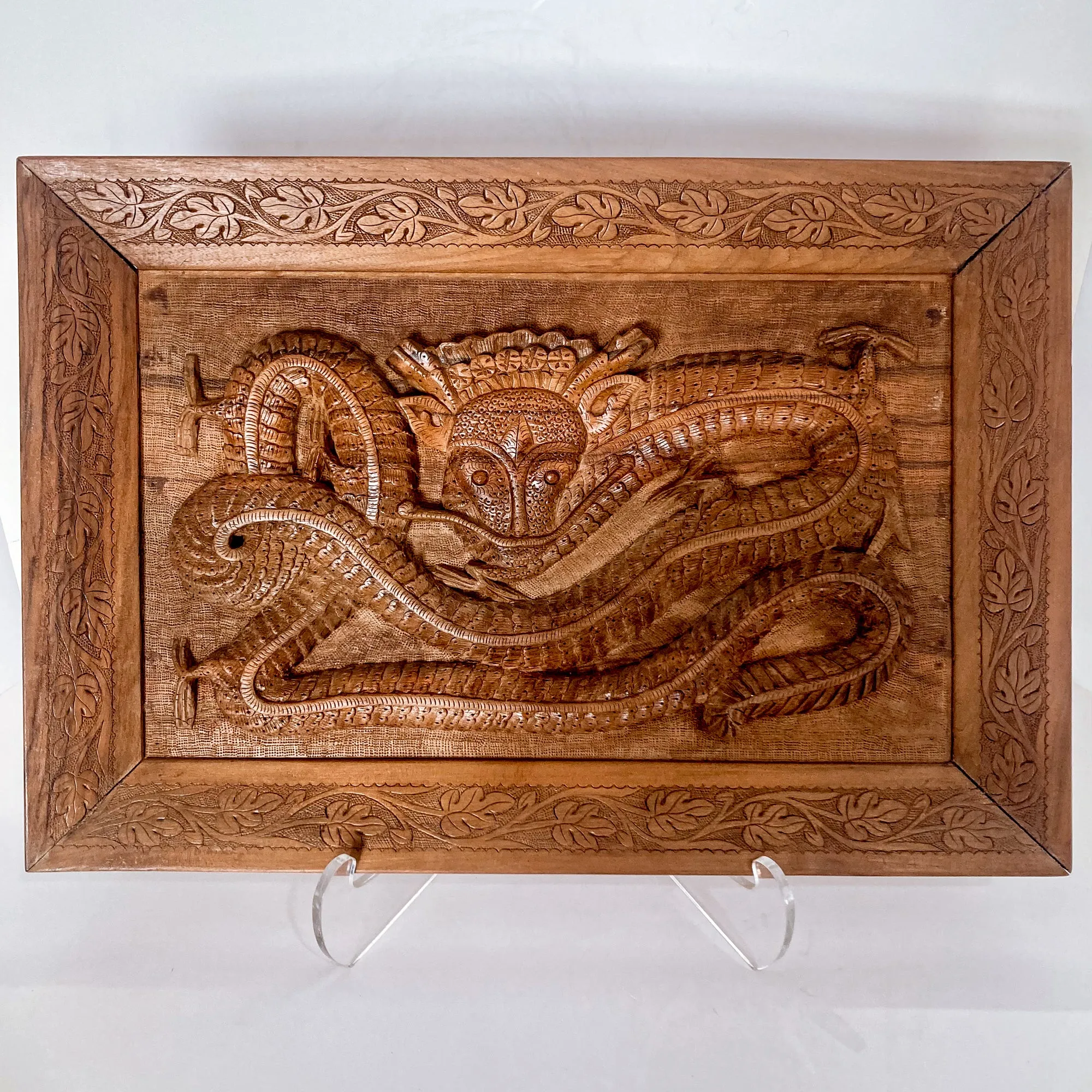 Pair of Intricately Hand Carved Relief Serpent Dragon Teak Wood Plaques