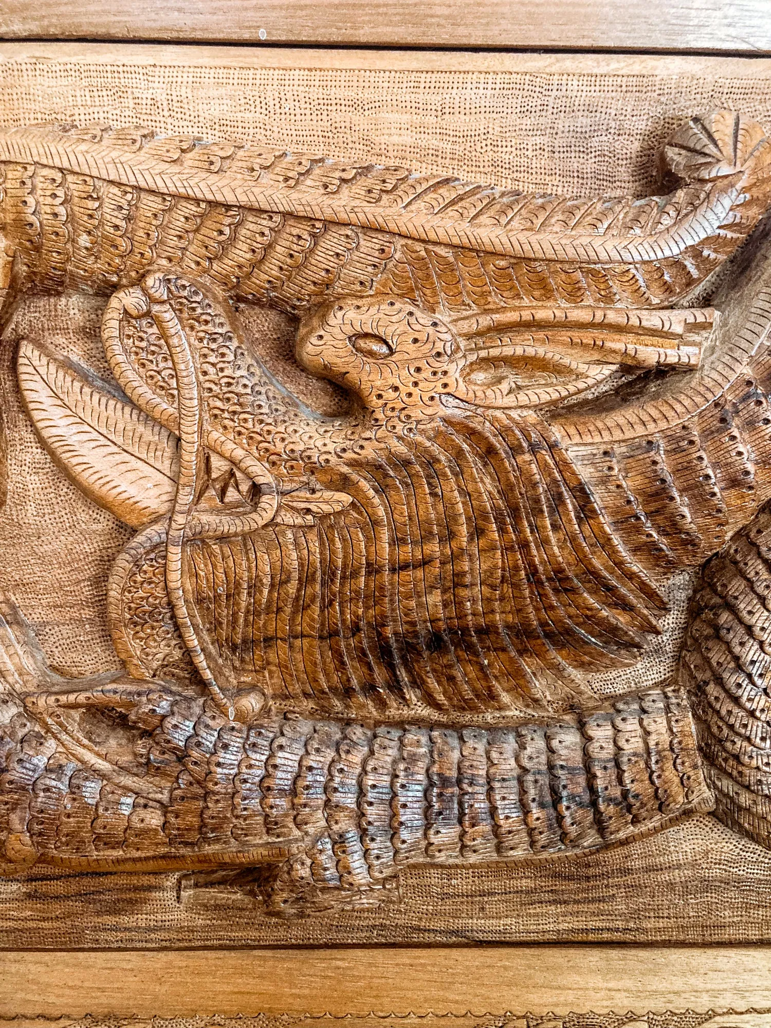 Pair of Intricately Hand Carved Relief Serpent Dragon Teak Wood Plaques