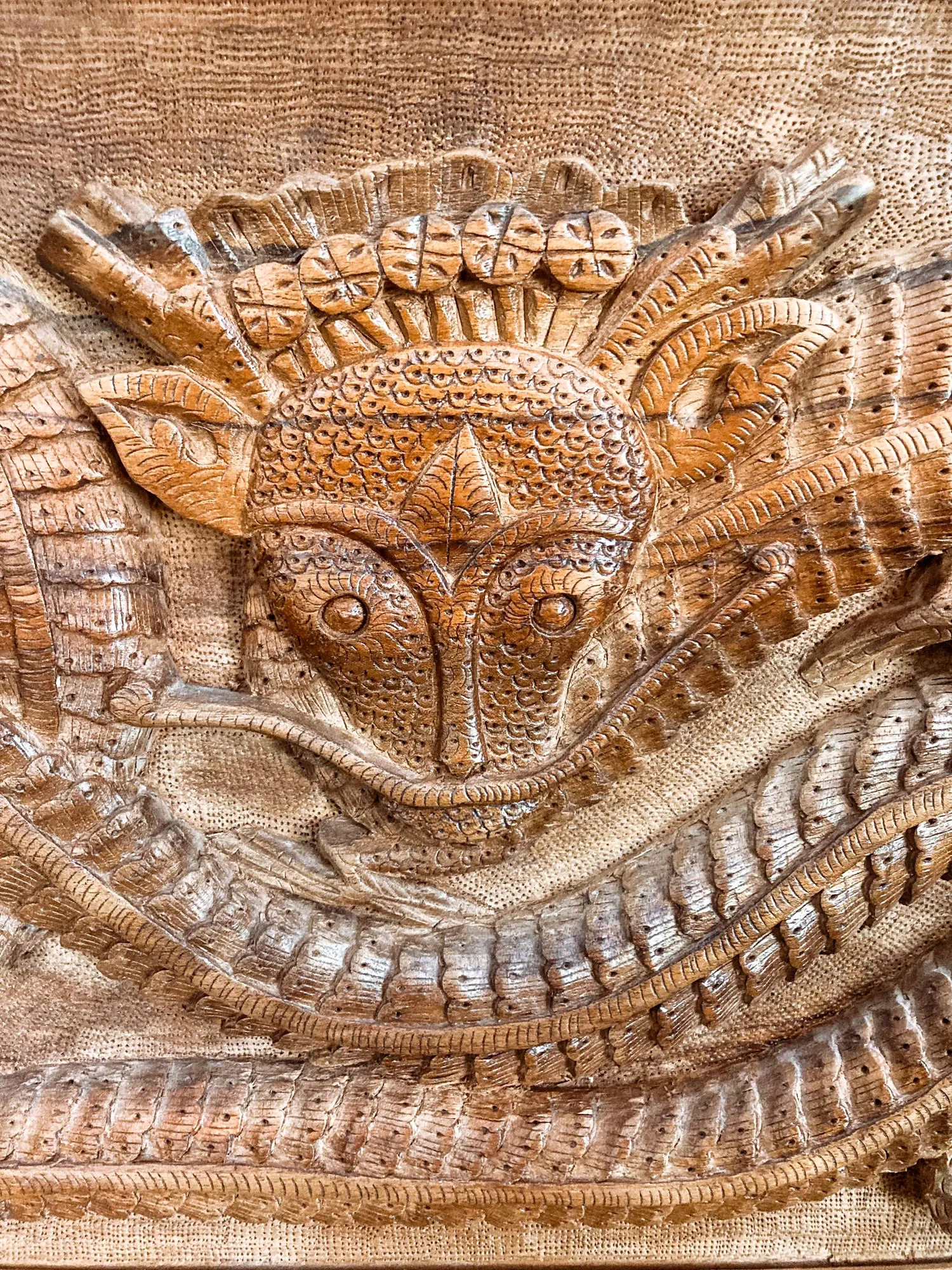 Pair of Intricately Hand Carved Relief Serpent Dragon Teak Wood Plaques