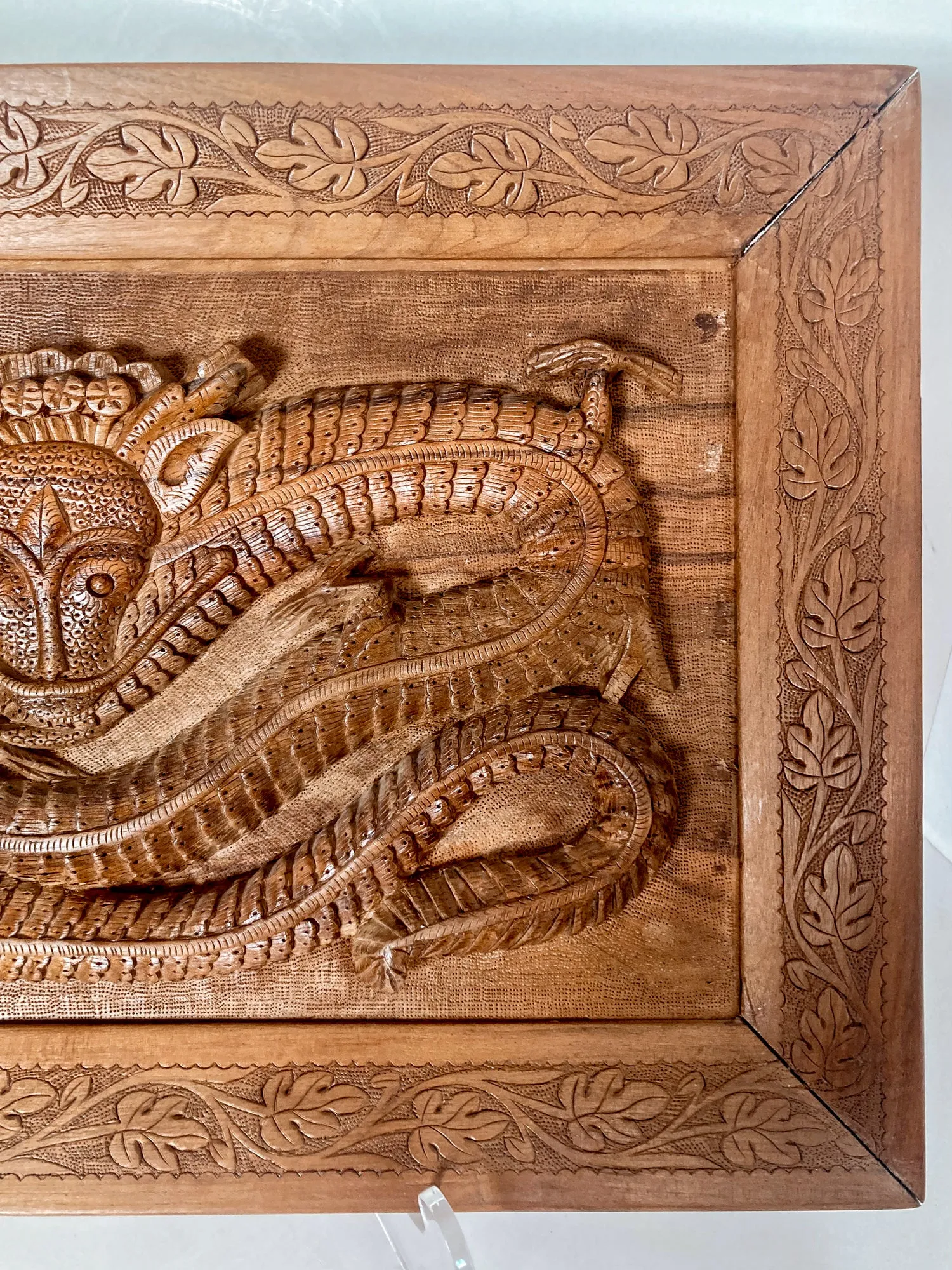 Pair of Intricately Hand Carved Relief Serpent Dragon Teak Wood Plaques