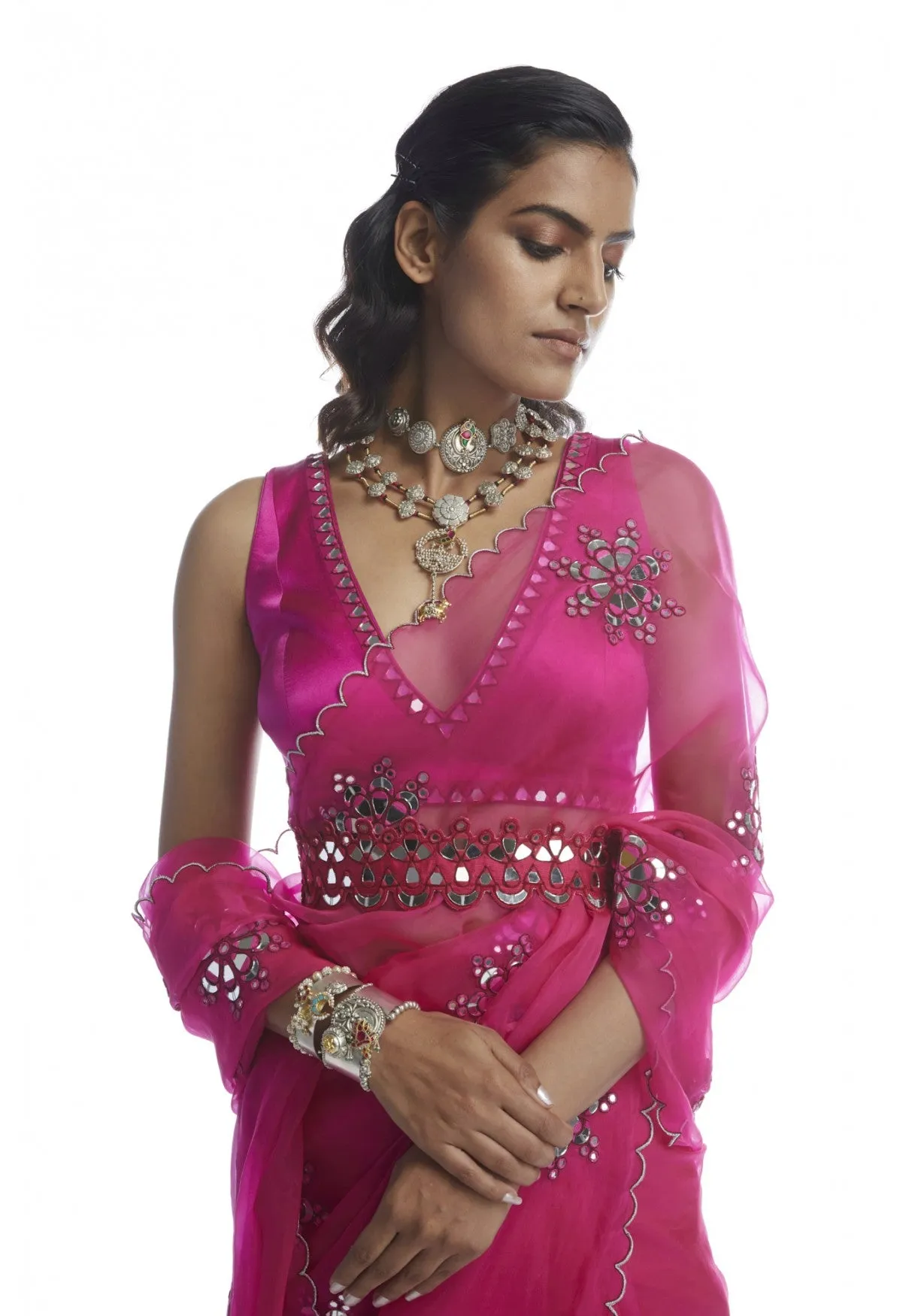 Peacock Pink Mirror Cut-Work Saree