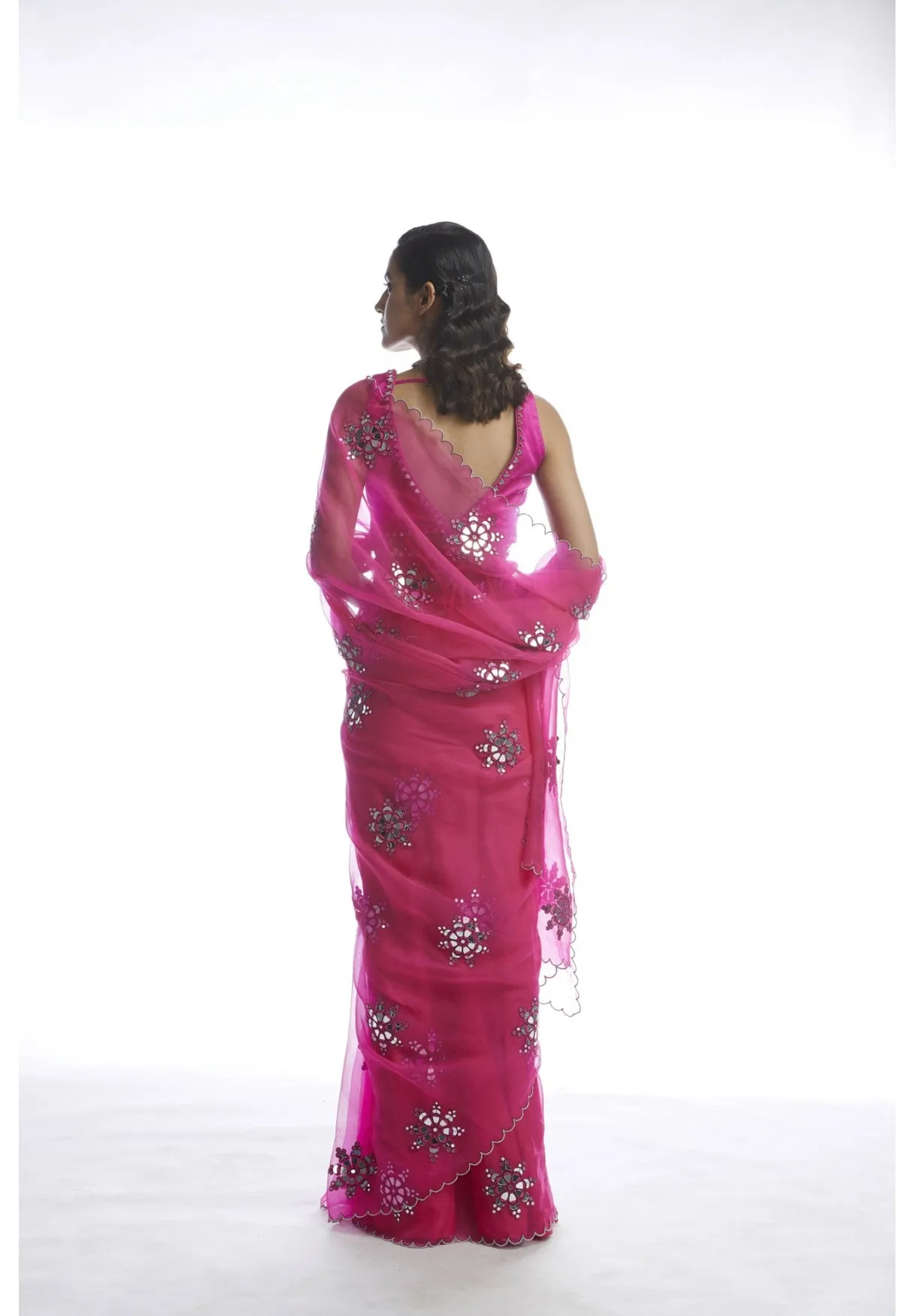 Peacock Pink Mirror Cut-Work Saree