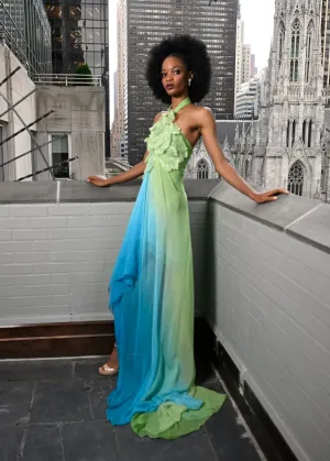 Peridot and Turquoise Silk Chiffon Ombre Gown with Lace Floral Appliqué