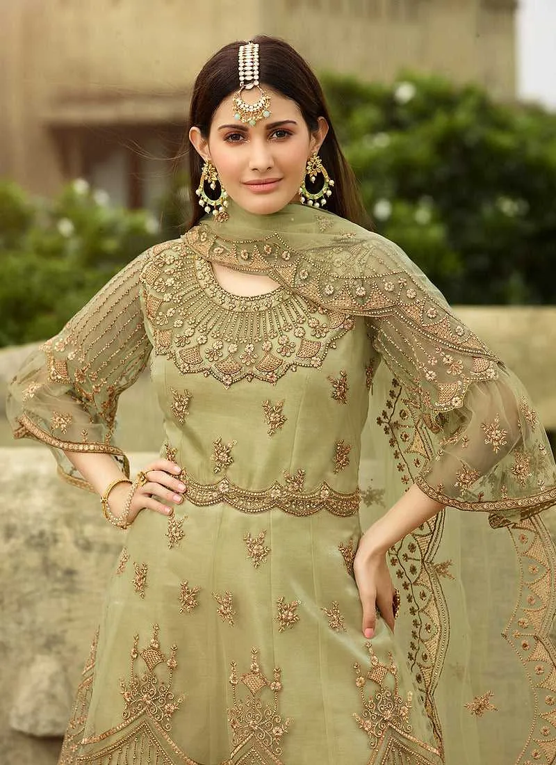 Pista Green Heavy Embroidered Sharara Style Suit