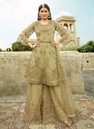 Pista Green Heavy Embroidered Sharara Style Suit