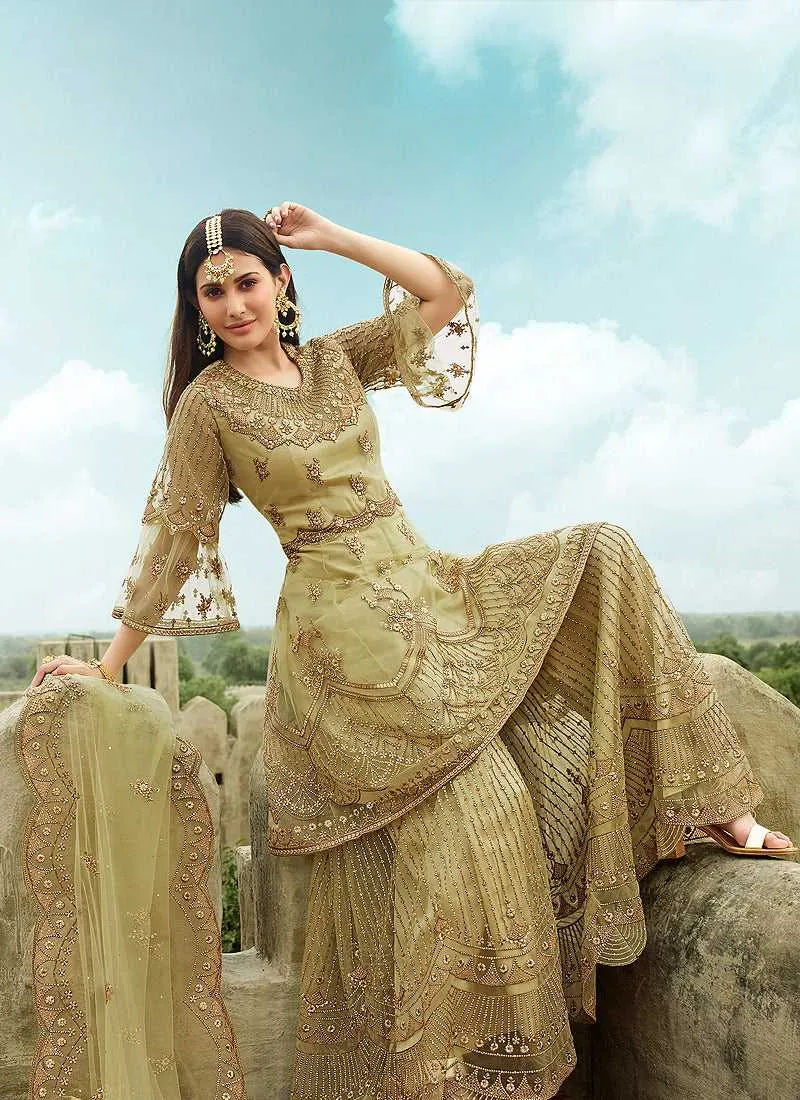 Pista Green Heavy Embroidered Sharara Style Suit