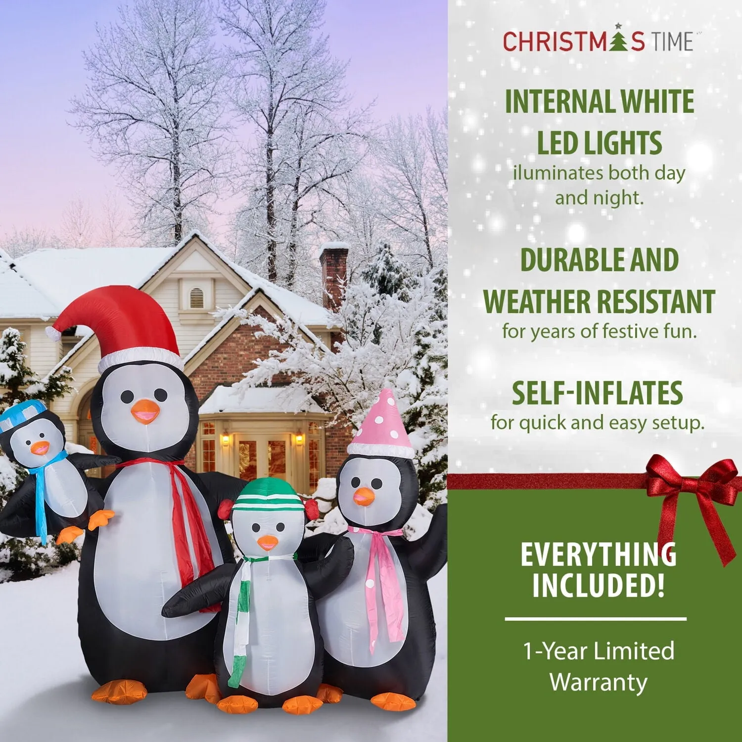 Prelit Tall Penguin Family Outdoor Christmas Yard Inflatable w/ Storage Bag 120"