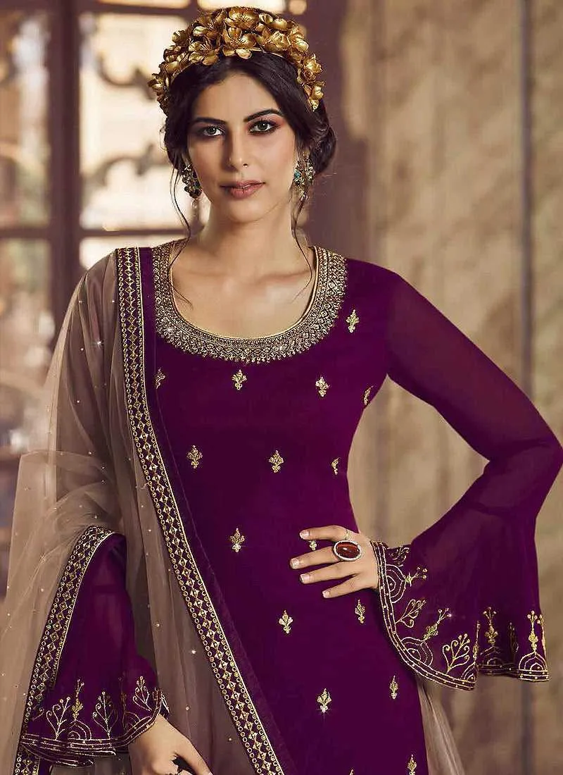 Purple and Beige Heavy Embroidered Lehenga/ Pant Style Suit