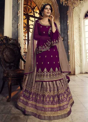 Purple and Beige Heavy Embroidered Lehenga/ Pant Style Suit