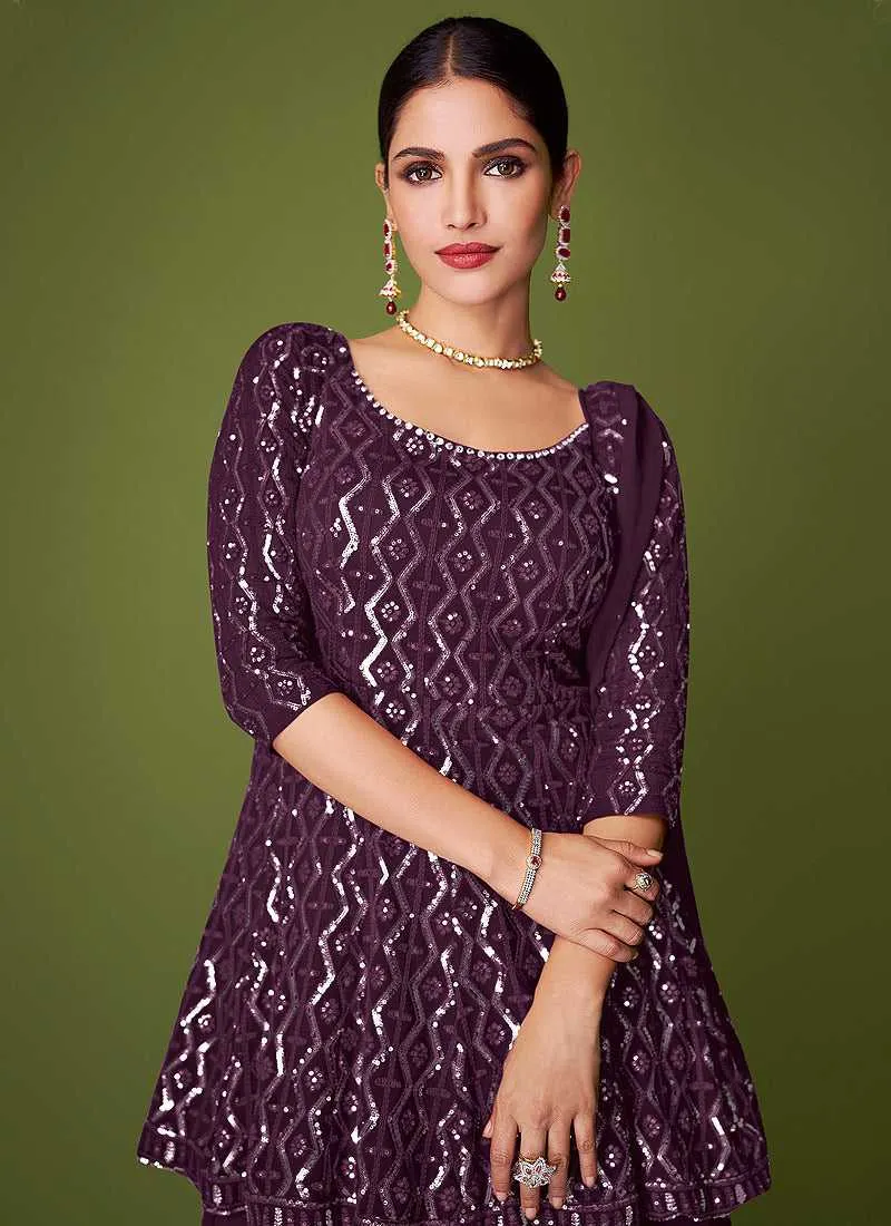 Purple Sequins Embroidered Lehenga Style Designer Suit