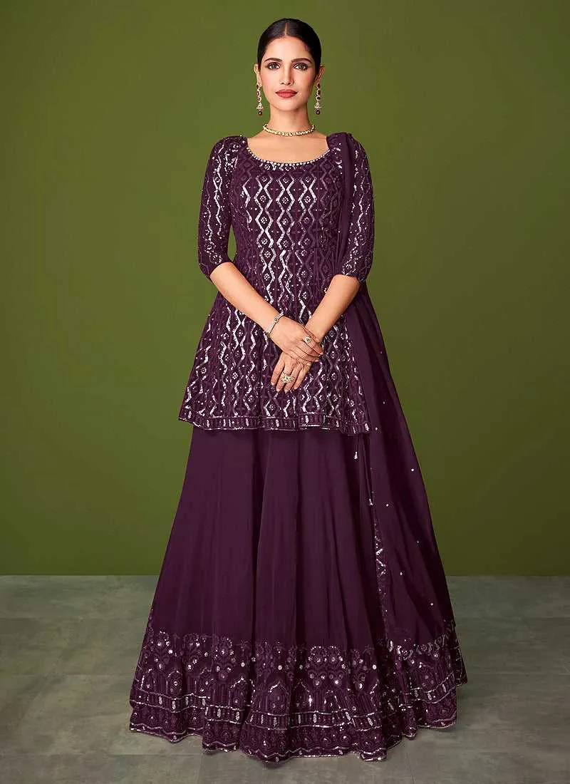 Purple Sequins Embroidered Lehenga Style Designer Suit