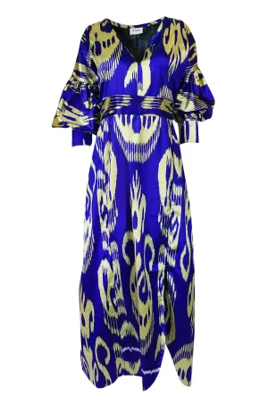 Recent Zazi Vintage Silk Ikat "Madhu" Bliue & Gold Caftan Dress