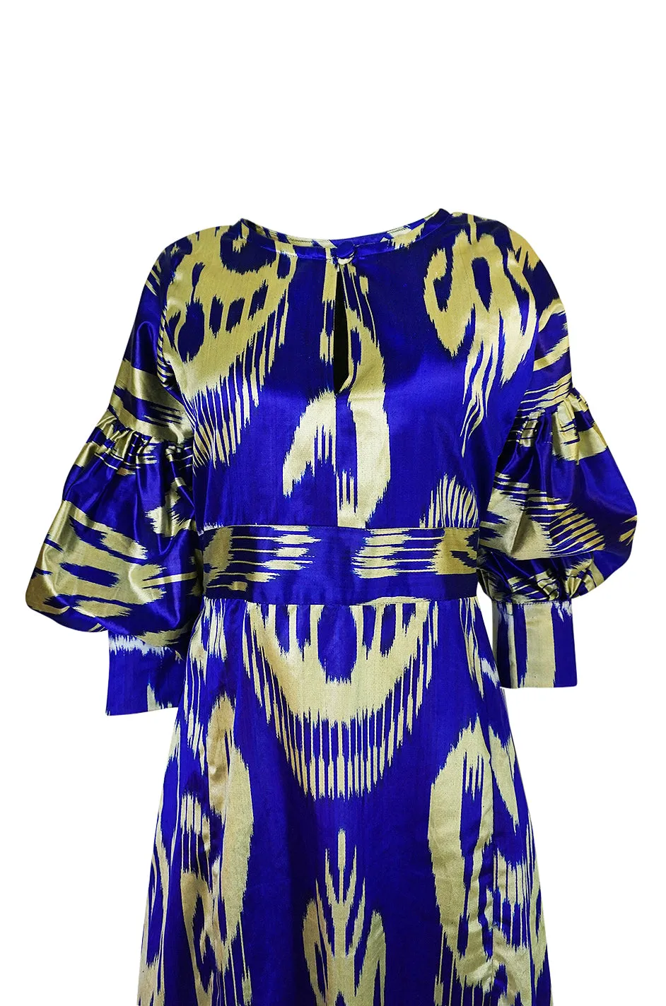 Recent Zazi Vintage Silk Ikat "Madhu" Bliue & Gold Caftan Dress