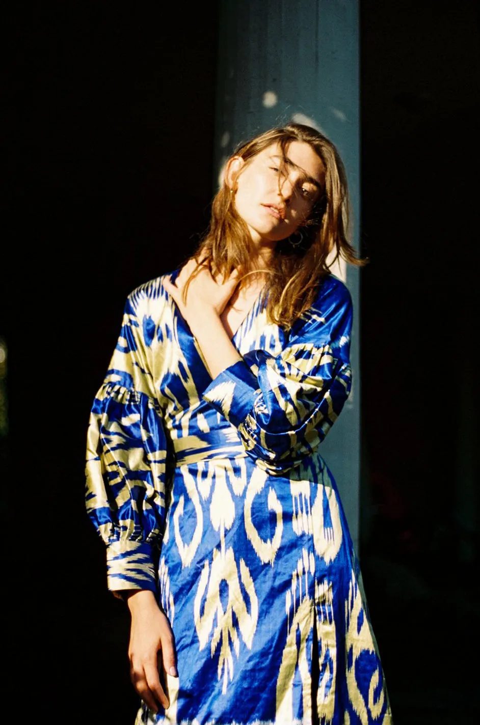 Recent Zazi Vintage Silk Ikat "Madhu" Bliue & Gold Caftan Dress