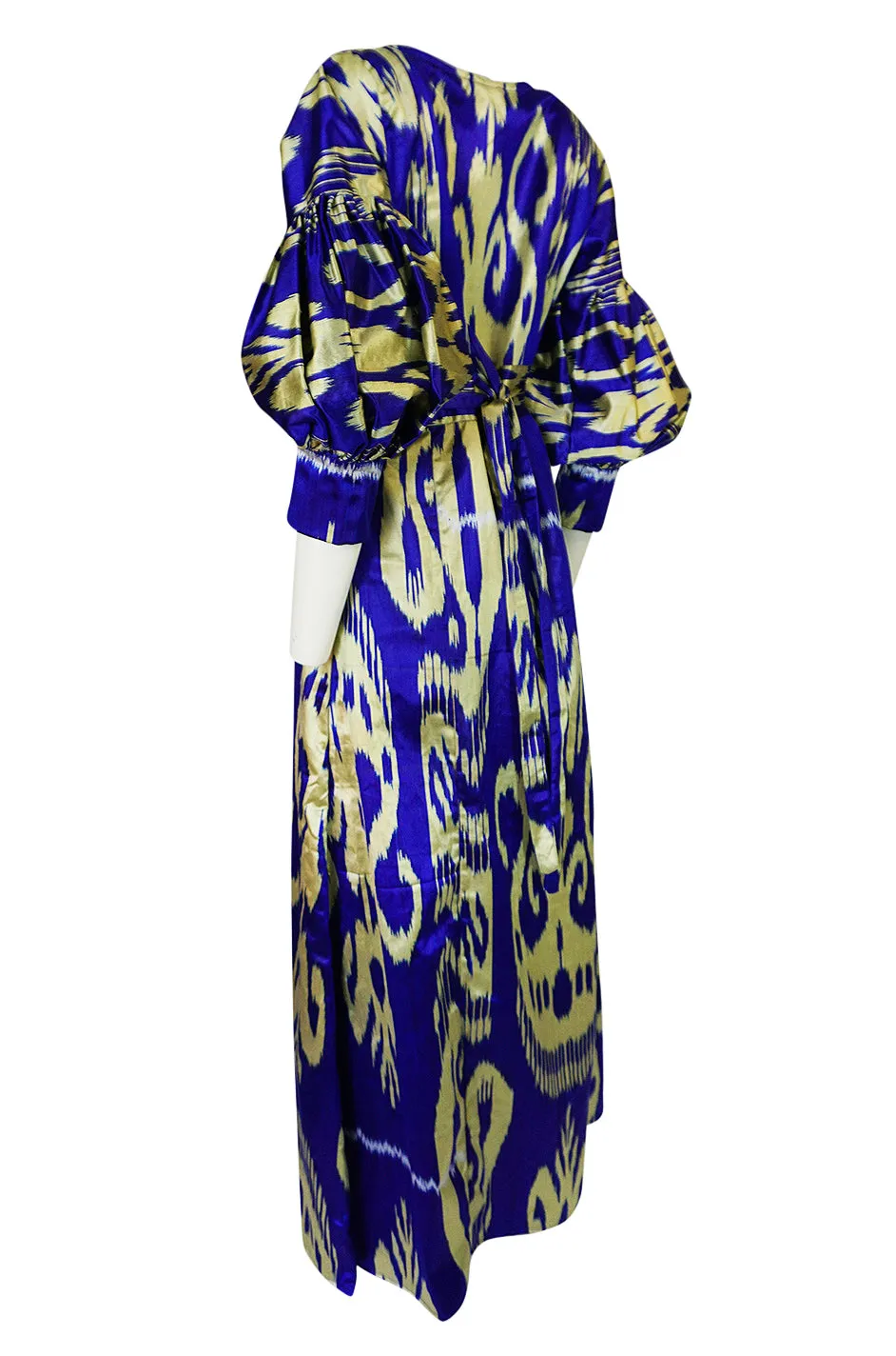 Recent Zazi Vintage Silk Ikat "Madhu" Bliue & Gold Caftan Dress