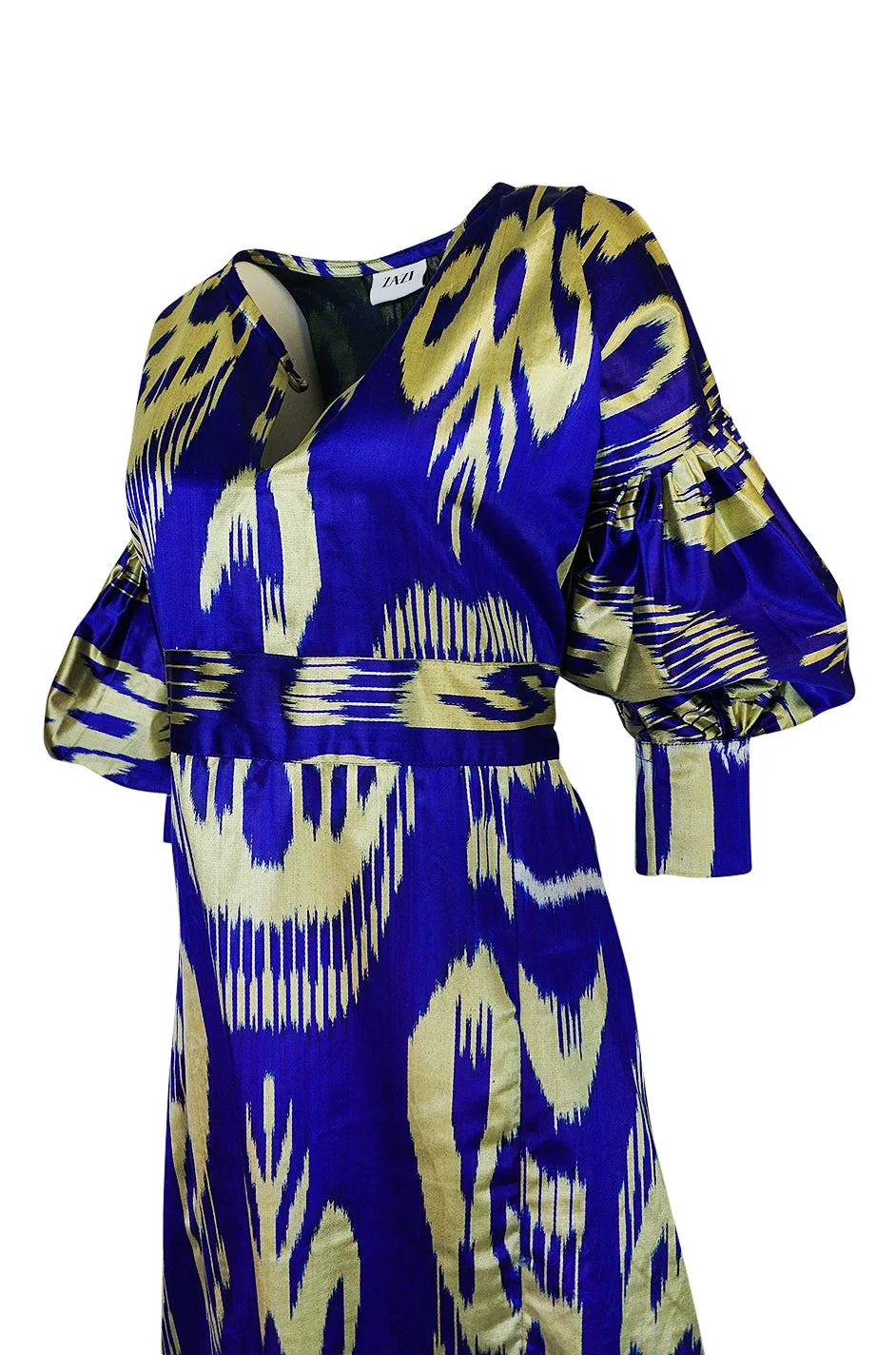 Recent Zazi Vintage Silk Ikat "Madhu" Bliue & Gold Caftan Dress