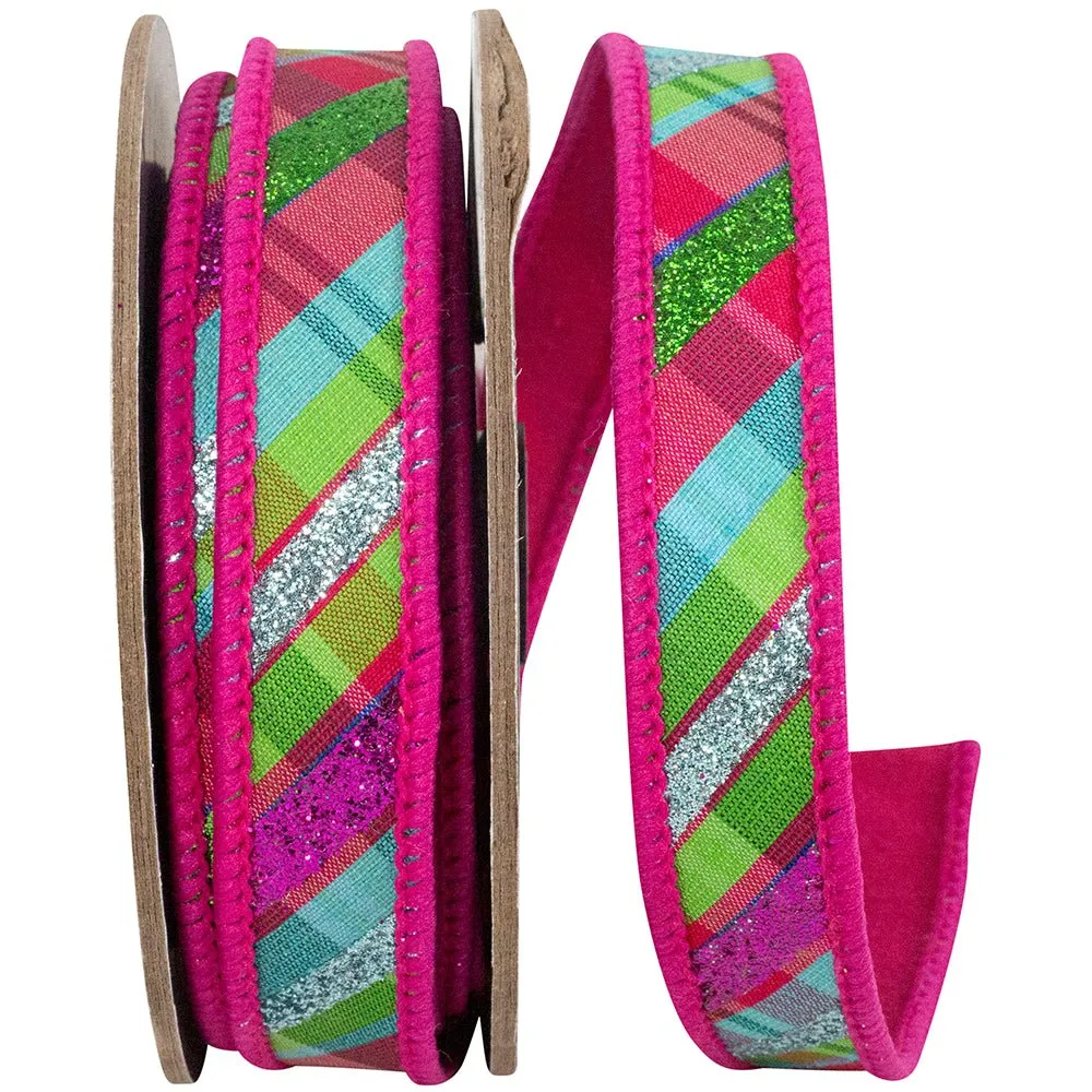 Reliant Lenore Arnold Designer 7/8" Glitter Diagonal Plaid Wired Ribbon (5 Yards) 94515W-222-05D