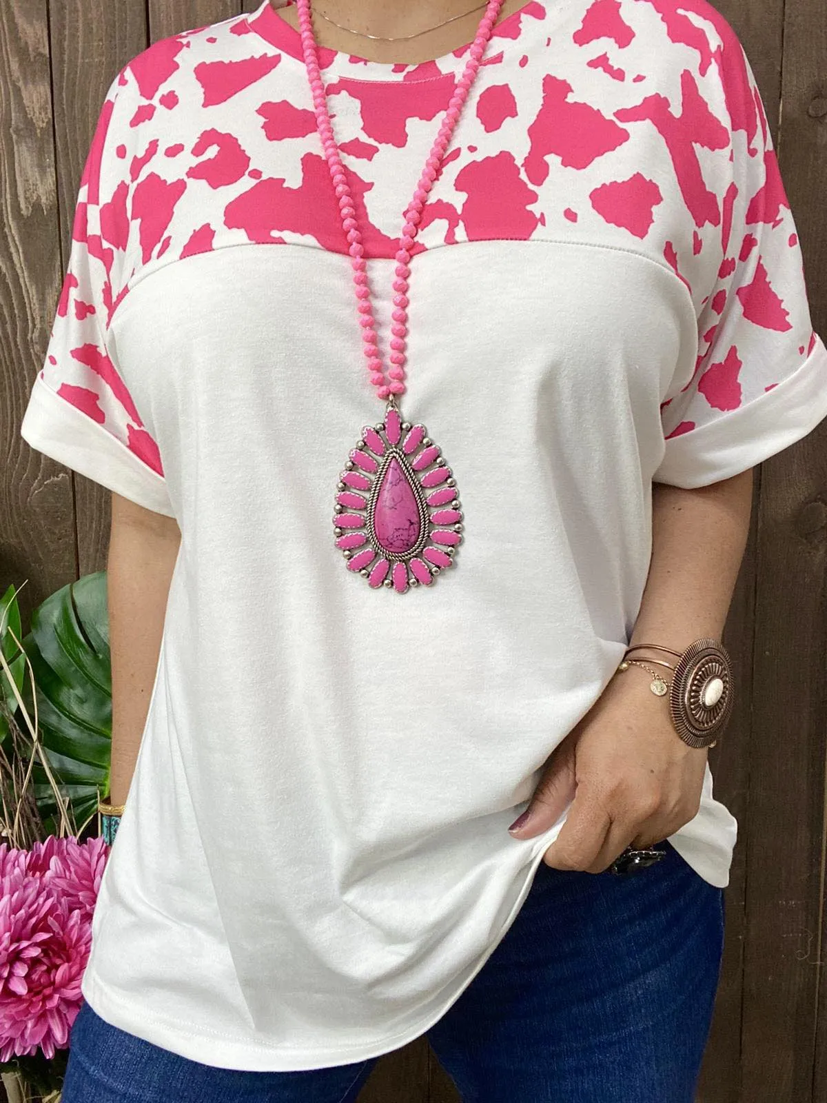 S, M,  White Top with pink cow print short sleeves